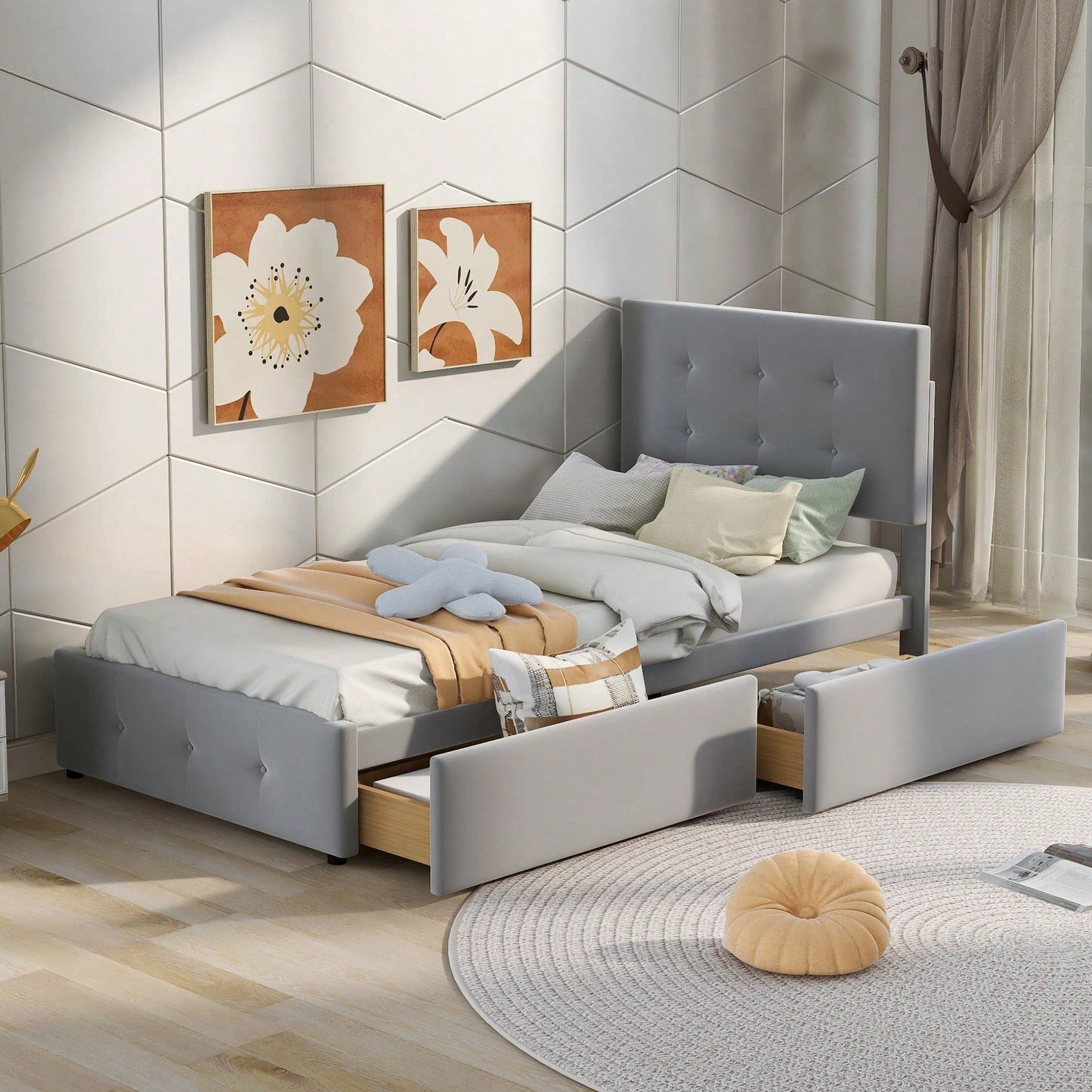 Polsterbett 90 x 200 cm Bett mit Lattenrost, Rückenlehne und zwei Schubladen, hautfreundlicher Samtstoff Beige flaches Einzelbett Kinderbett Jugendbett Gästebett