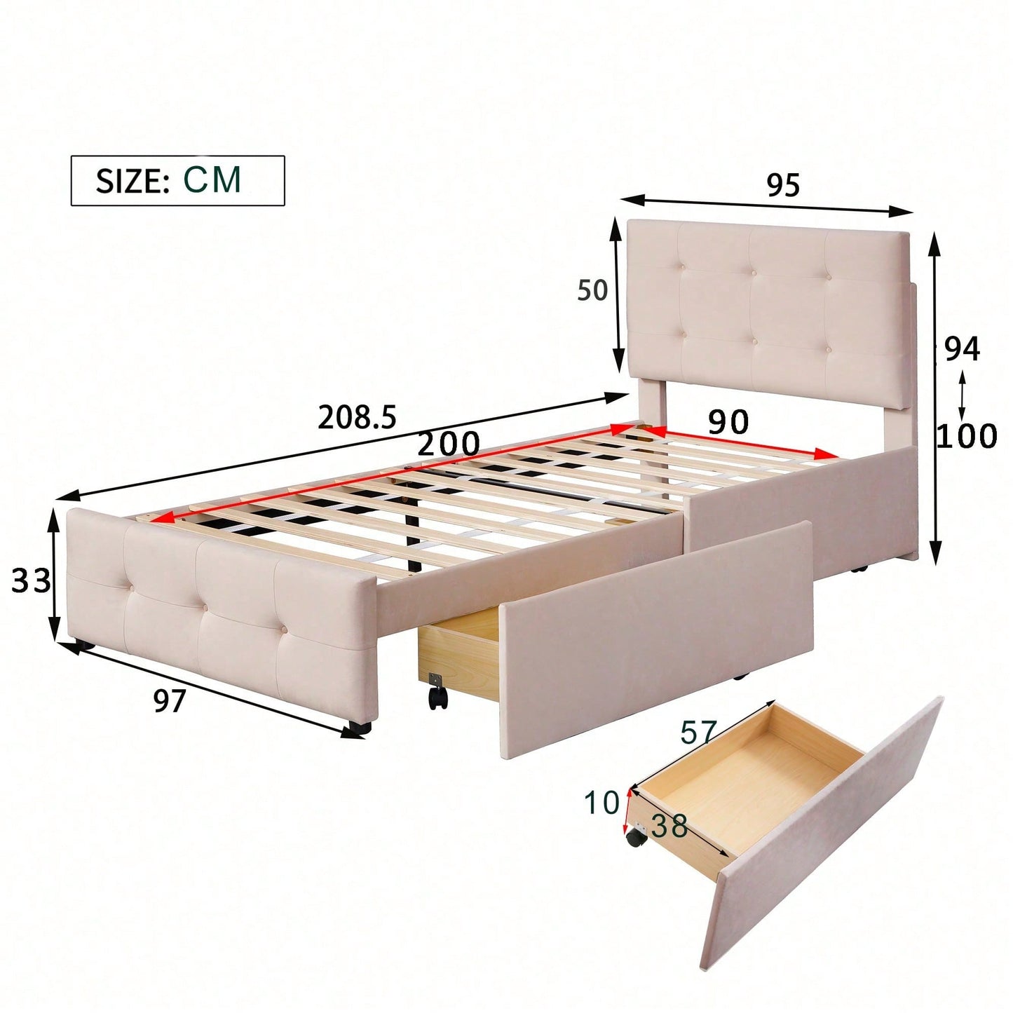 Polsterbett 90 x 200 cm Bett mit Lattenrost, Rückenlehne und zwei Schubladen, hautfreundlicher Samtstoff Beige flaches Einzelbett Kinderbett Jugendbett Gästebett
