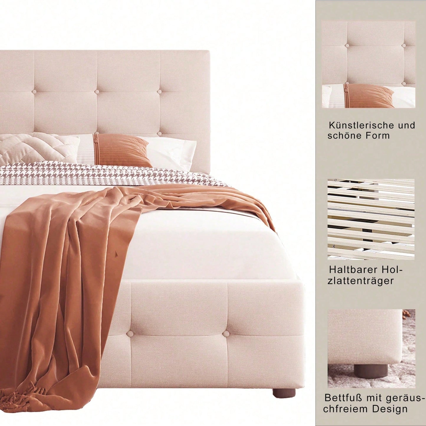 Polsterbett 90 x 200 cm Bett mit Lattenrost, Rückenlehne und zwei Schubladen, hautfreundlicher Samtstoff Beige flaches Einzelbett Kinderbett Jugendbett Gästebett