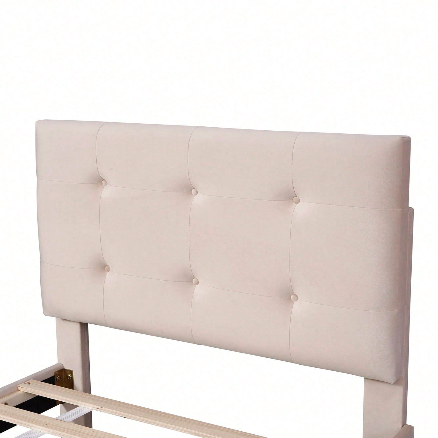 Polsterbett 90 x 200 cm Bett mit Lattenrost, Rückenlehne und zwei Schubladen, hautfreundlicher Samtstoff Beige flaches Einzelbett Kinderbett Jugendbett Gästebett