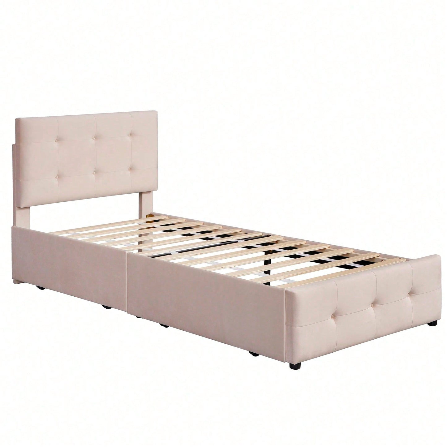 Polsterbett 90 x 200 cm Bett mit Lattenrost, Rückenlehne und zwei Schubladen, hautfreundlicher Samtstoff Beige flaches Einzelbett Kinderbett Jugendbett Gästebett