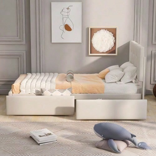 Polsterbett 90 x 200 cm Bett mit Lattenrost, Rückenlehne und zwei Schubladen, hautfreundlicher Samtstoff Beige flaches Einzelbett Kinderbett Jugendbett Gästebett