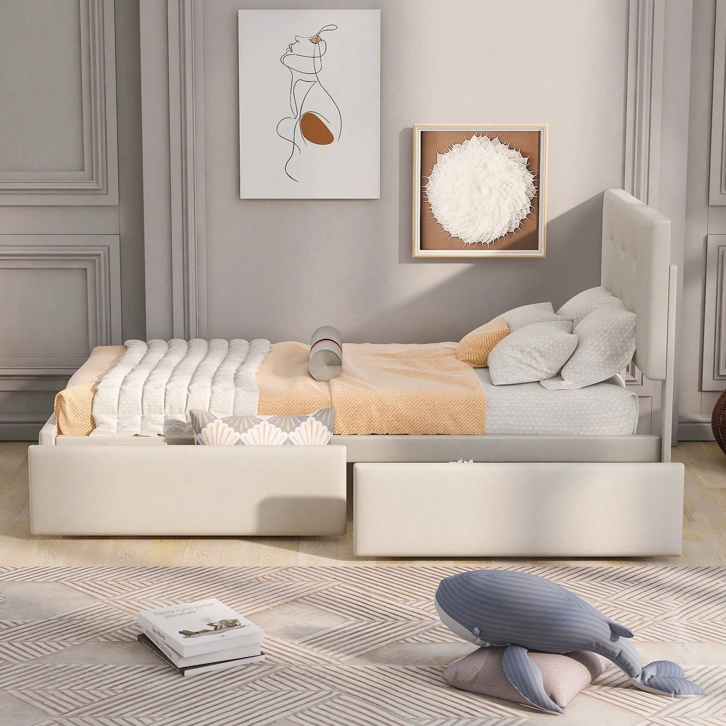 Polsterbett 90 x 200 cm Bett mit Lattenrost, Rückenlehne und zwei Schubladen, hautfreundlicher Samtstoff Beige flaches Einzelbett Kinderbett Jugendbett Gästebett