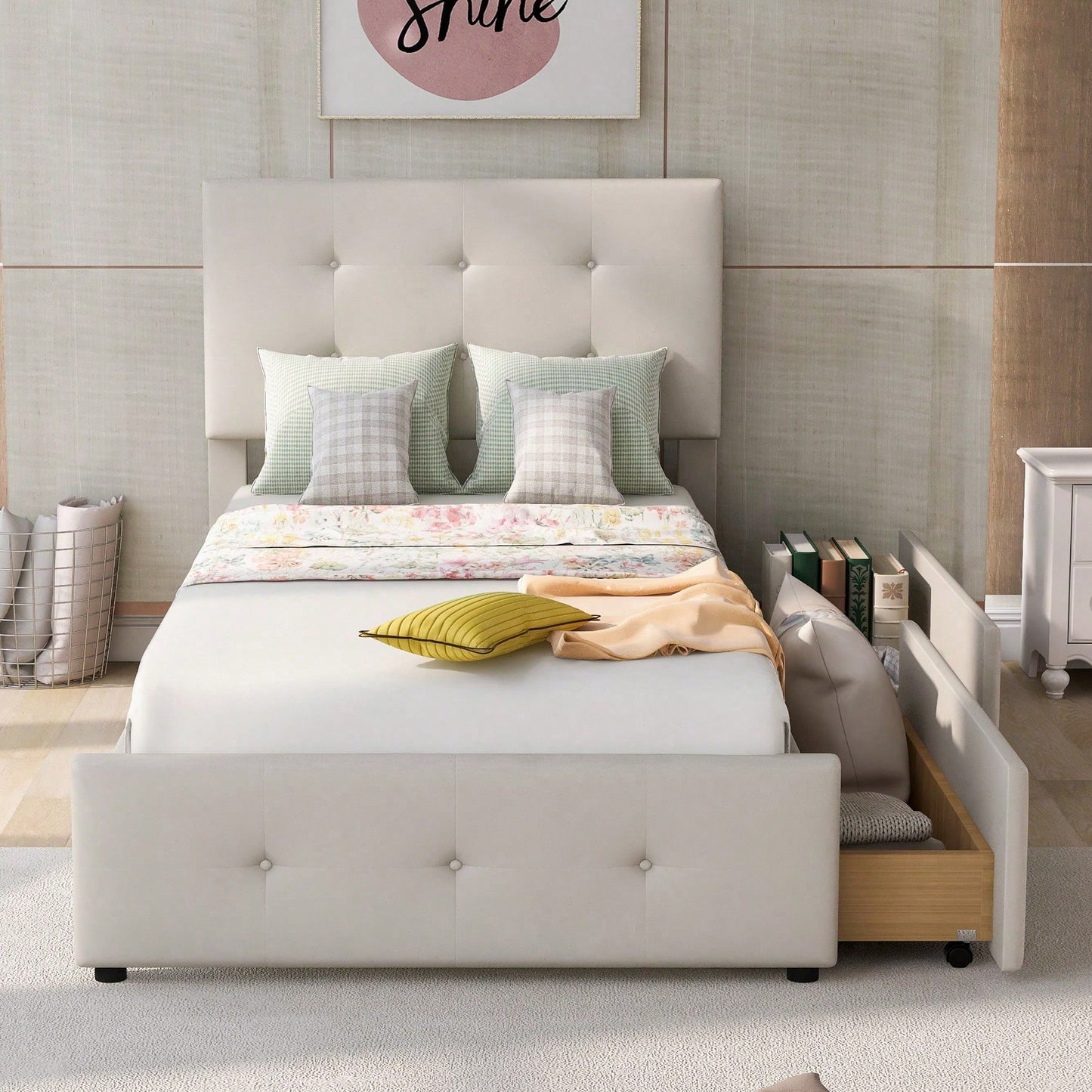 Polsterbett 90 x 200 cm Bett mit Lattenrost, Rückenlehne und zwei Schubladen, hautfreundlicher Samtstoff Beige flaches Einzelbett Kinderbett Jugendbett Gästebett