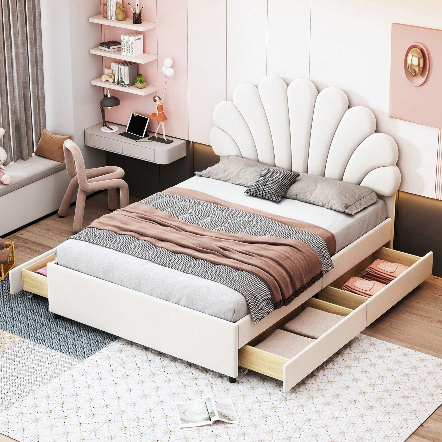 Polsterbett 140 x 200 cm, Bettrahmen mit blütenförmigem Kopfteil und Lattenrost, mit Ablagefächern, Jugendbett Erwachsenenbett Doppelbett, hautfreundlicher Samtstoff, Beige
