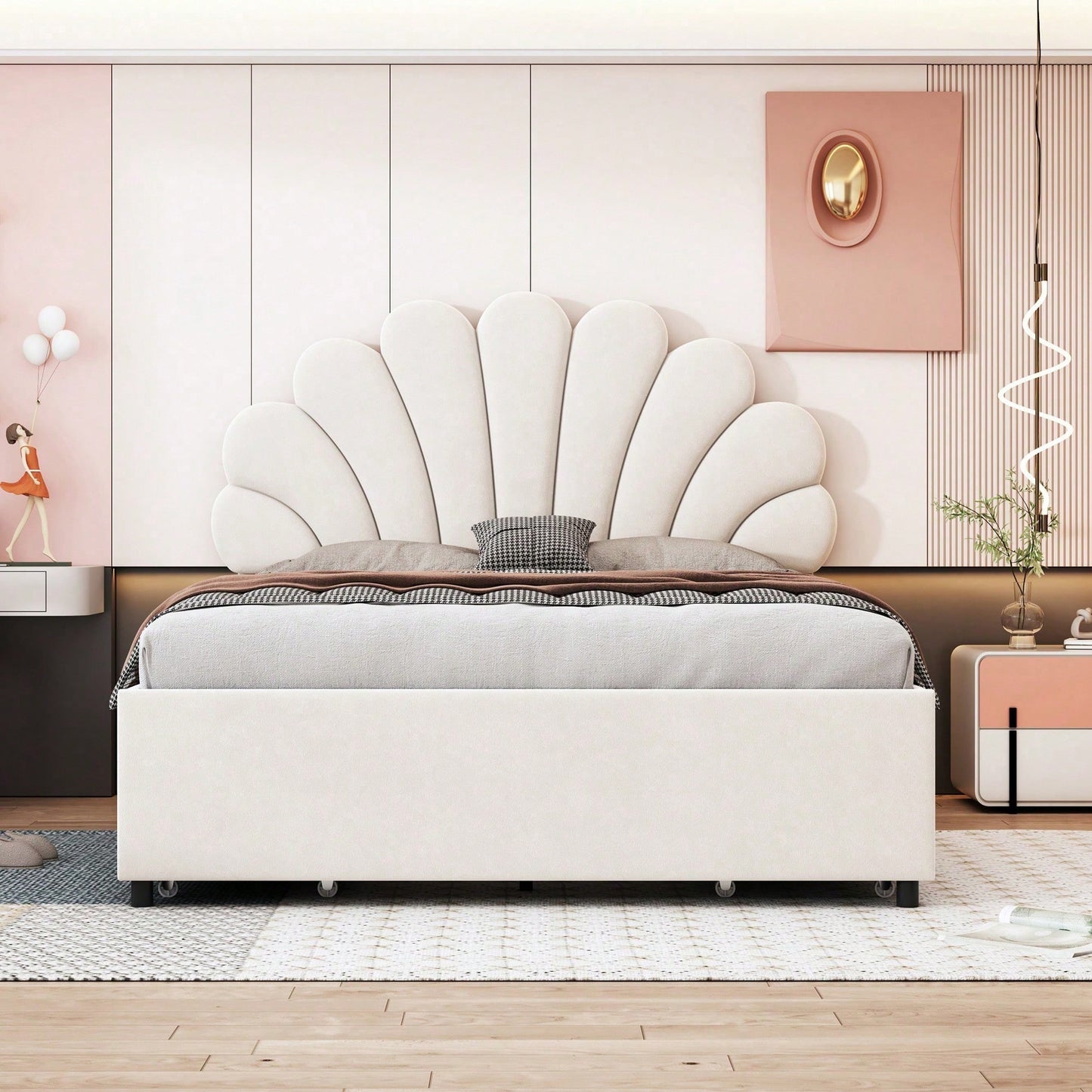Polsterbett 140 x 200 cm, Bettrahmen mit blütenförmigem Kopfteil und Lattenrost, mit Ablagefächern, Jugendbett Erwachsenenbett Doppelbett, hautfreundlicher Samtstoff, Beige