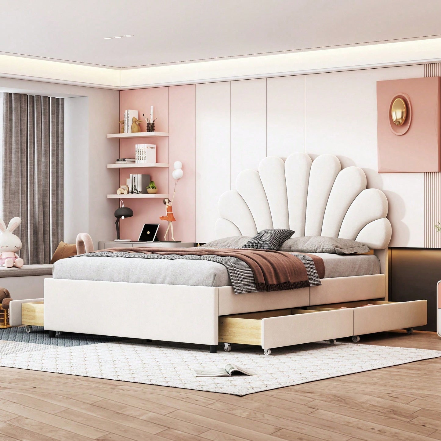 Polsterbett 140 x 200 cm, Bettrahmen mit blütenförmigem Kopfteil und Lattenrost, mit Ablagefächern, Jugendbett Erwachsenenbett Doppelbett, hautfreundlicher Samtstoff, Beige