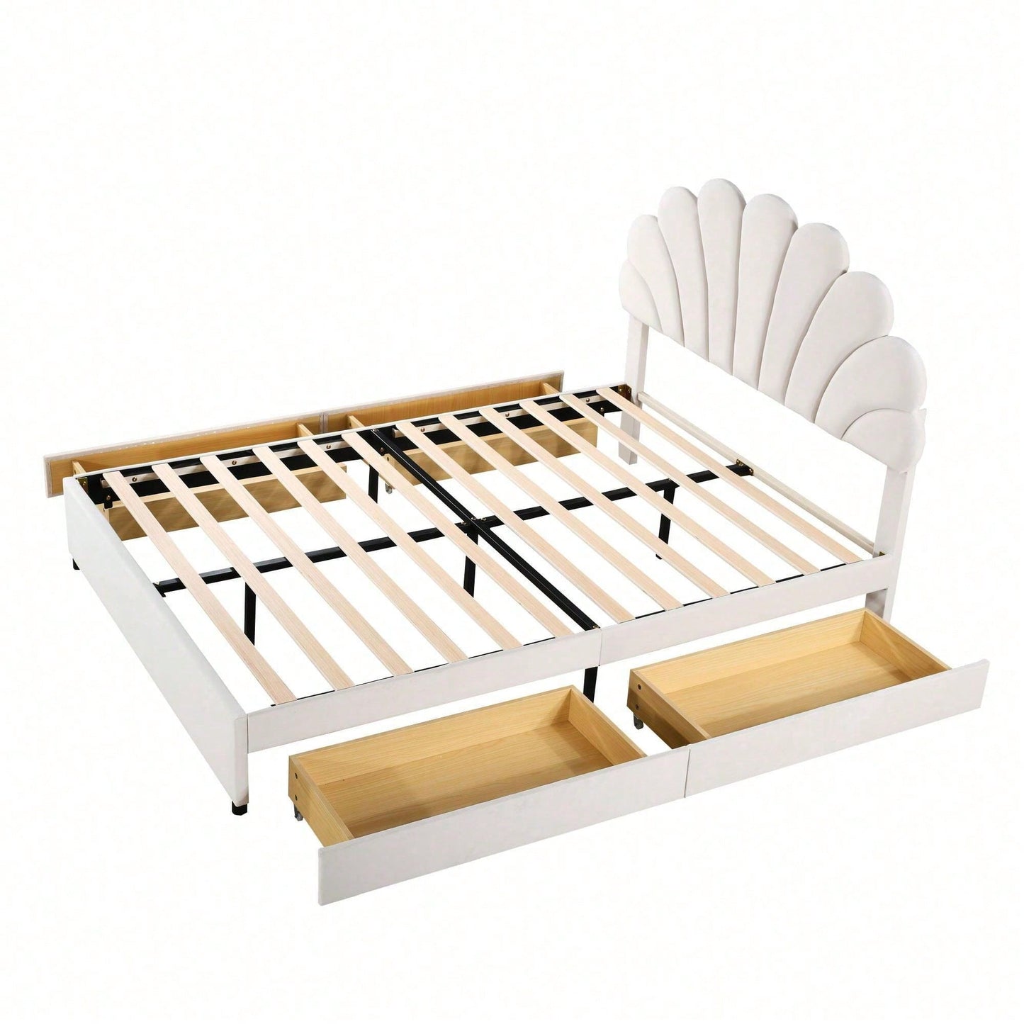 Polsterbett 140 x 200 cm, Bettrahmen mit blütenförmigem Kopfteil und Lattenrost, mit Ablagefächern, Jugendbett Erwachsenenbett Doppelbett, hautfreundlicher Samtstoff, Beige