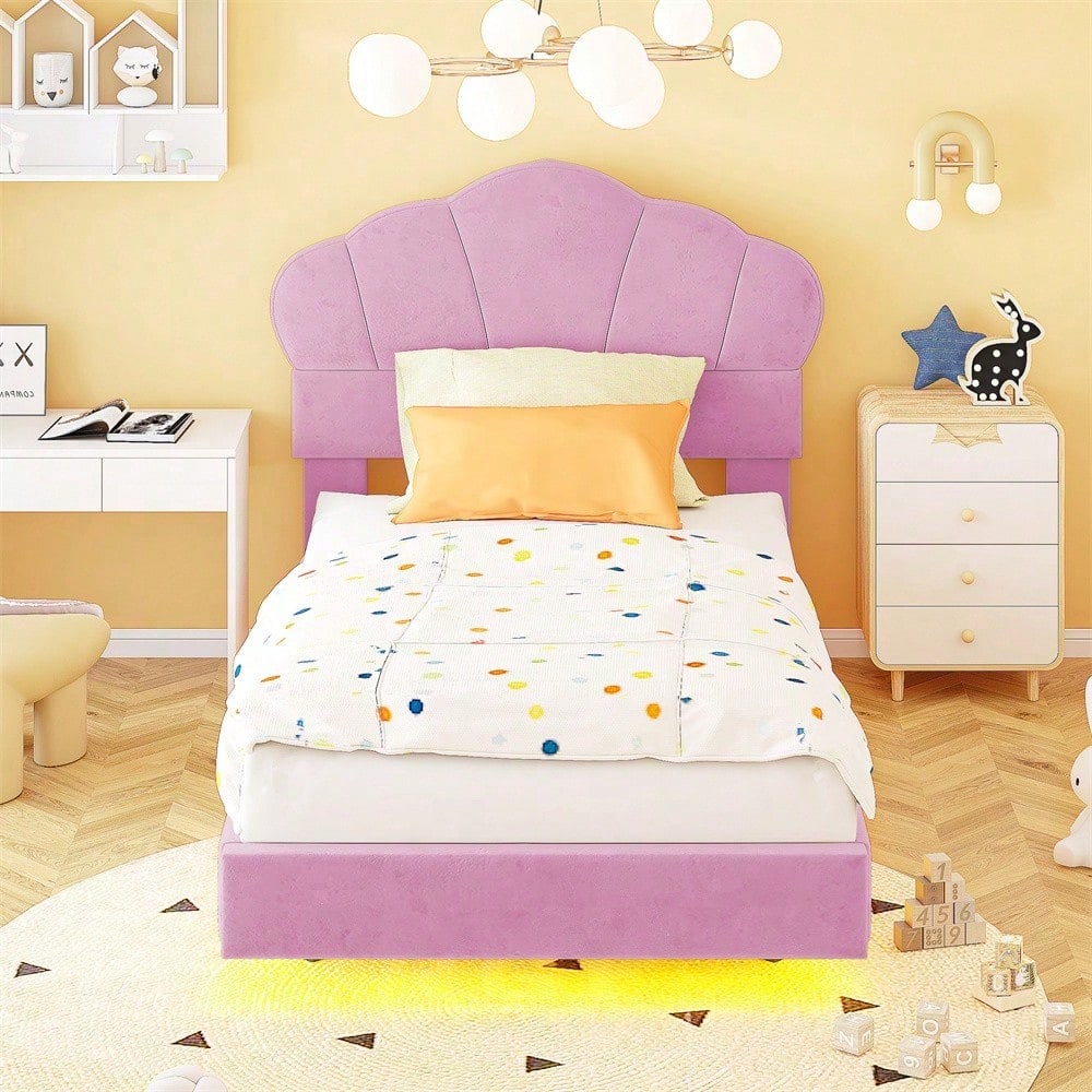 Polsterbett 90*200 cm, mit LED-Lichtleiste, Wolkenförmiges Kopfteil, Verstecktes Fußteil-Design, Kinderbett, Jungen- und Mädchenbett, Jugendbett, Samtstoff, Beige