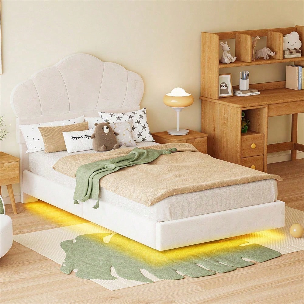 Polsterbett 90*200 cm, mit LED-Lichtleiste, Wolkenförmiges Kopfteil, Verstecktes Fußteil-Design, Kinderbett, Jungen- und Mädchenbett, Jugendbett, Samtstoff, Beige