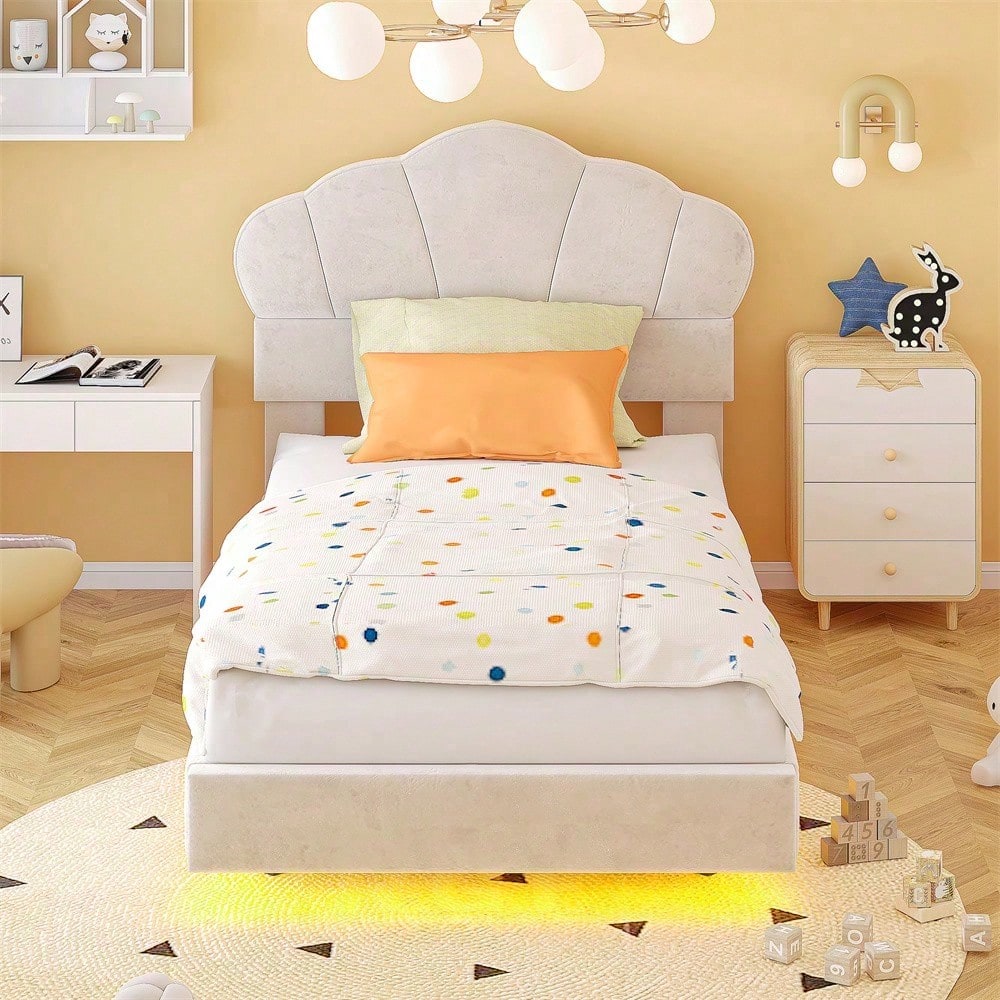 Polsterbett 90*200 cm, mit LED-Lichtleiste, Wolkenförmiges Kopfteil, Verstecktes Fußteil-Design, Kinderbett, Jungen- und Mädchenbett, Jugendbett, Samtstoff, Beige