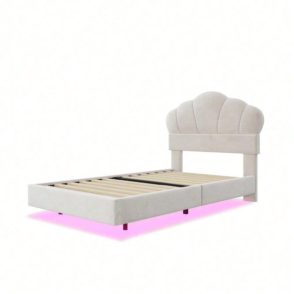 Polsterbett 90*200 cm, mit LED-Lichtleiste, Wolkenförmiges Kopfteil, Verstecktes Fußteil-Design, Kinderbett, Jungen- und Mädchenbett, Jugendbett, Samtstoff, Beige