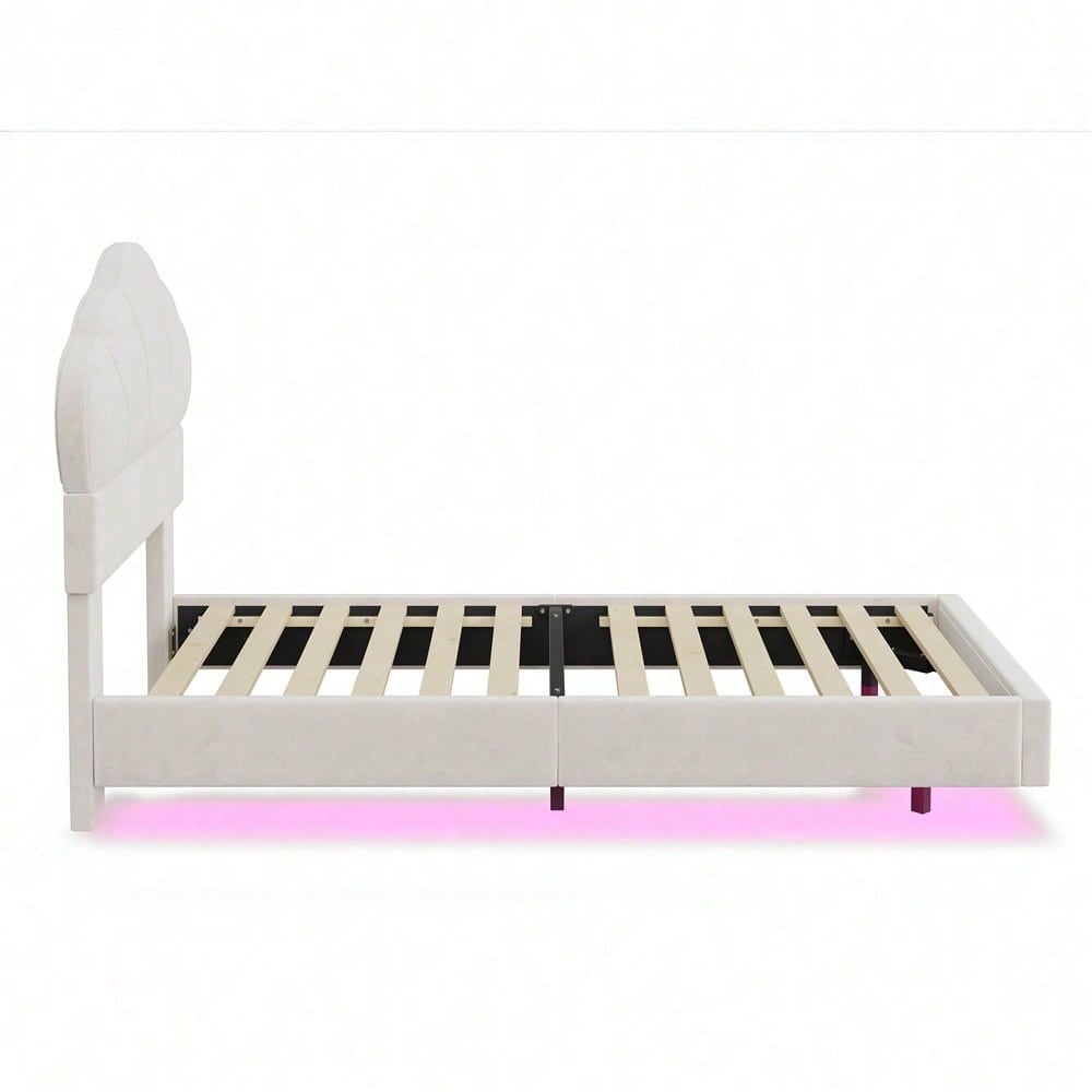 Polsterbett 90*200 cm, mit LED-Lichtleiste, Wolkenförmiges Kopfteil, Verstecktes Fußteil-Design, Kinderbett, Jungen- und Mädchenbett, Jugendbett, Samtstoff, Beige