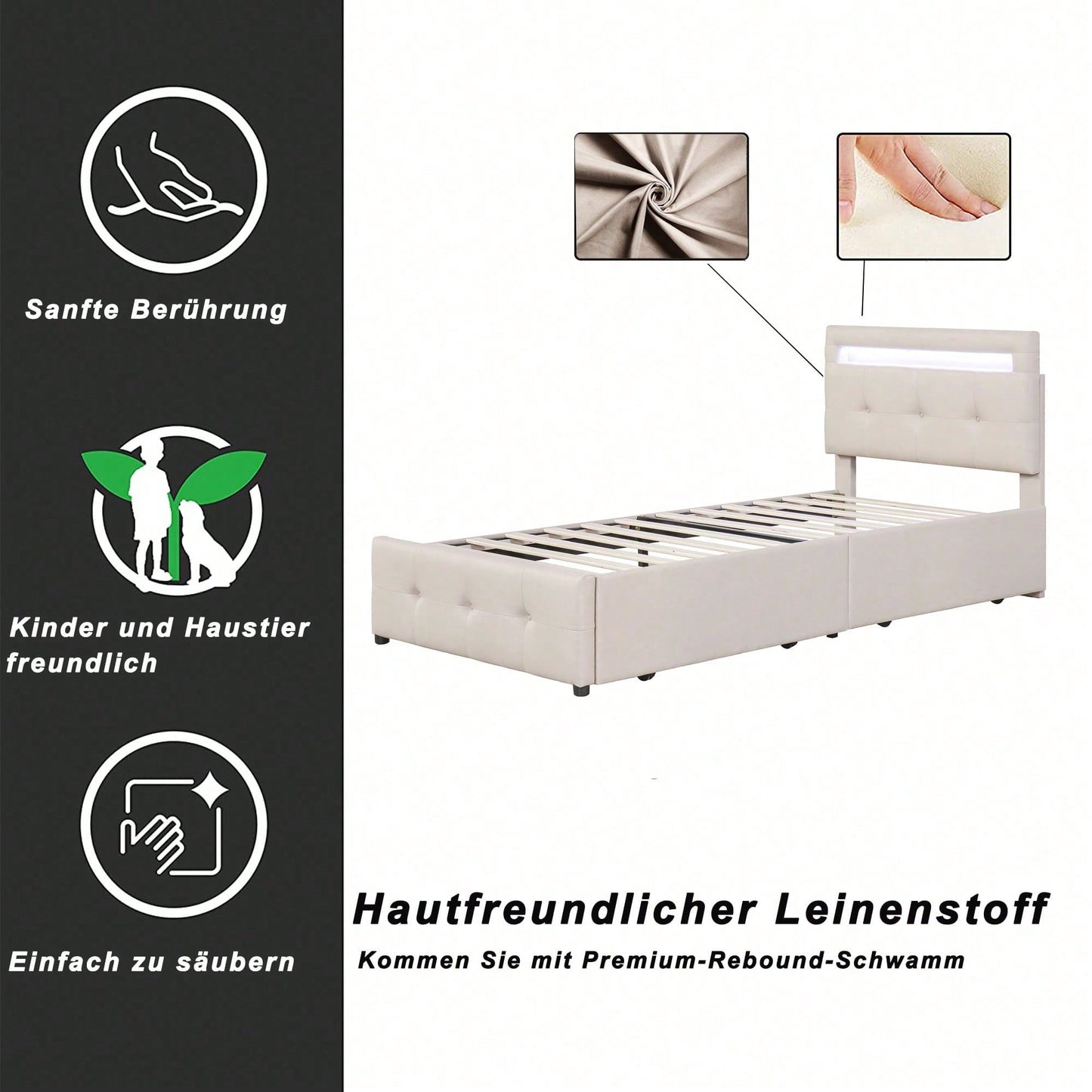 Polsterbett 90*200cm mit LED-Leuchten, 2 Schubladen, hautfreundlicher Leinenpolsterung flach Einzelbett Kinderbett Jugendbett Gästebett (Beige)