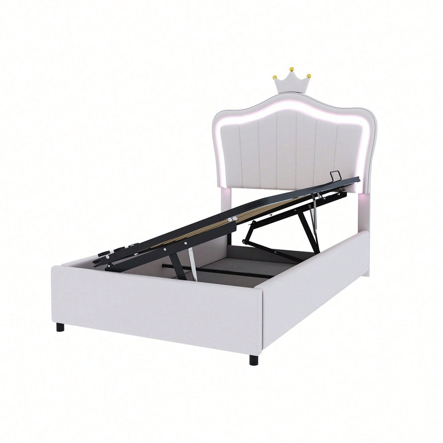 Polsterbett Kinderbett 90x200 cm, Mit Kronendesign, Mit LED-Beleuchtung, Hydraulisches Stauraumbett, Höhenverstellbares Kopfteil, Einzelhochboxbett mit Lattenrost, Kunstleder, Weiß