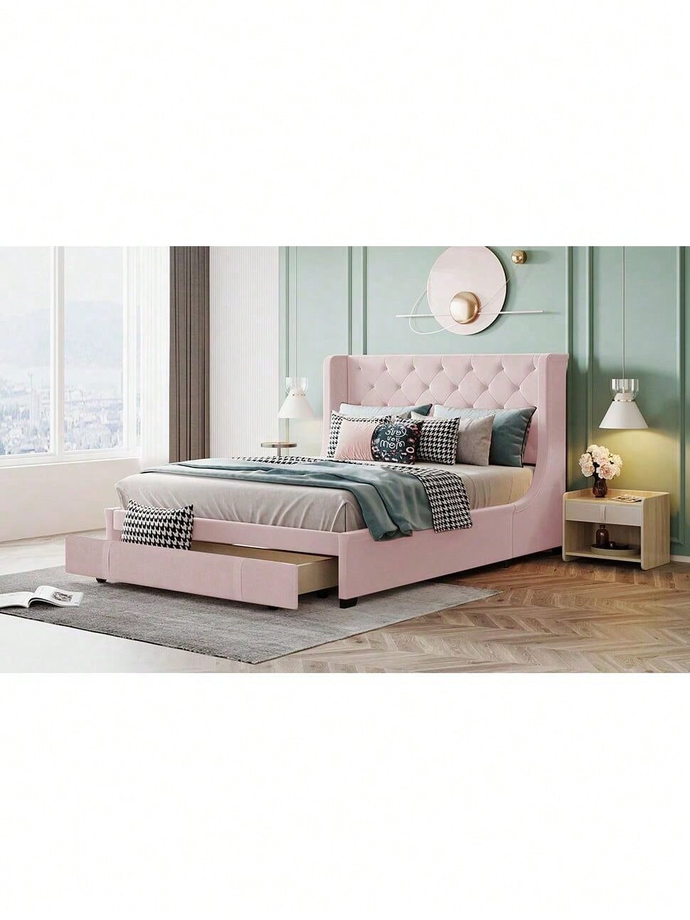 Polsterbett 140 x 200 cm, Doppelbett mit Lattenrost, Rückenlehne und großen Schubladen, Erwachsenen- und Jugenddoppelbett in Pro-Leinen-Stoff, Rosa