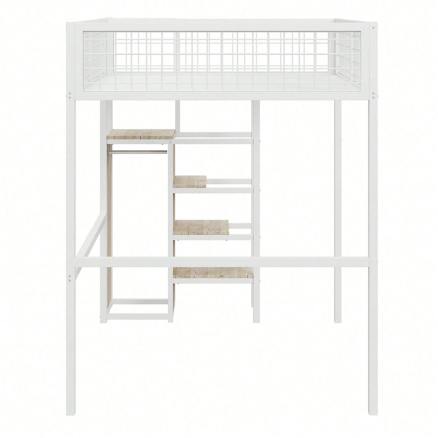 Hochbett 140*200 mit Leiter, Kinderbett mit Eisenrahmen und Aufbewahrungsregal, Kleiderschrank Weiß