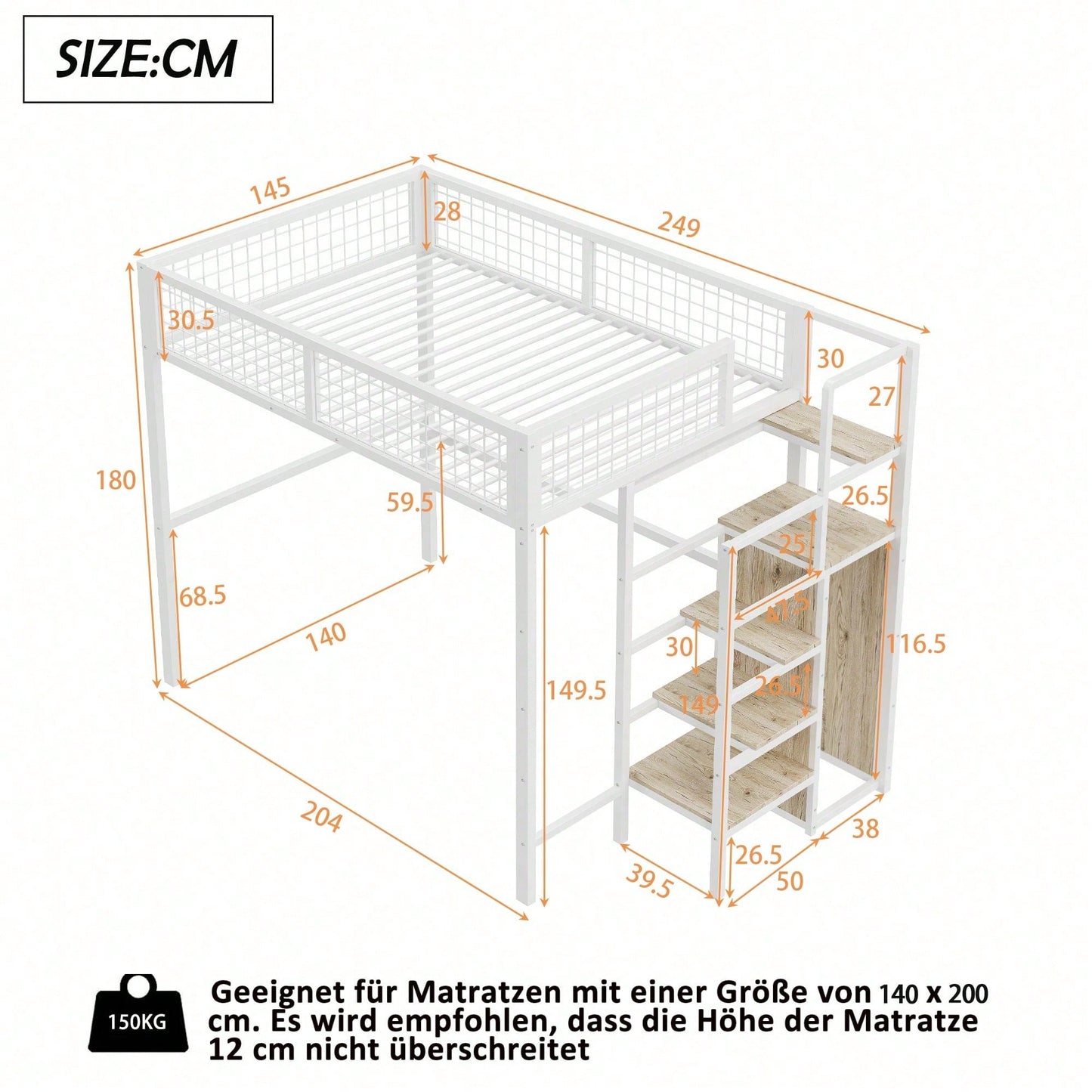 Hochbett 140*200 mit Leiter, Kinderbett mit Eisenrahmen und Aufbewahrungsregal, Kleiderschrank Weiß