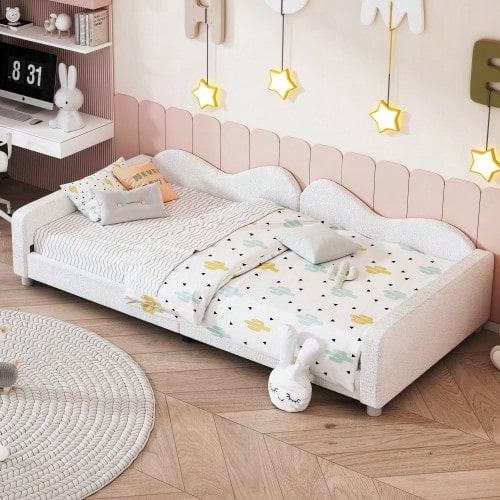 Kinderbett Polsterbett 90*200cm, Schlafsofa Bettgestell Teddystoff Multifunktionales weiches Bett mit Rückenlehne und Armlehnen Jugendbett Gästebett rosa
