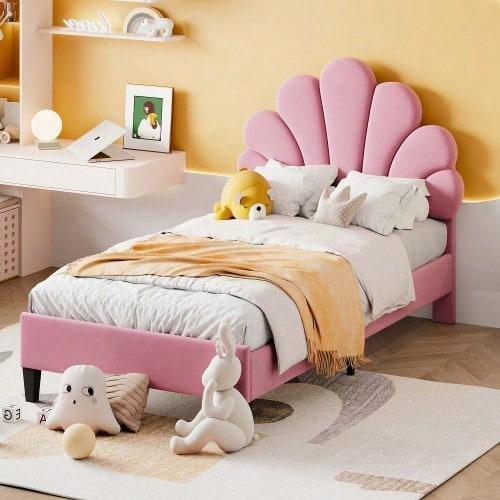 Polsterbett Kinderbett 90 x 200 cm, Bettgestell mit Kopfteil in Blumenform und Lattenrost, Teenie-Mädchenbett in hautfreundlichem Samtstoff, Gästebett (Farbe: Beige)
