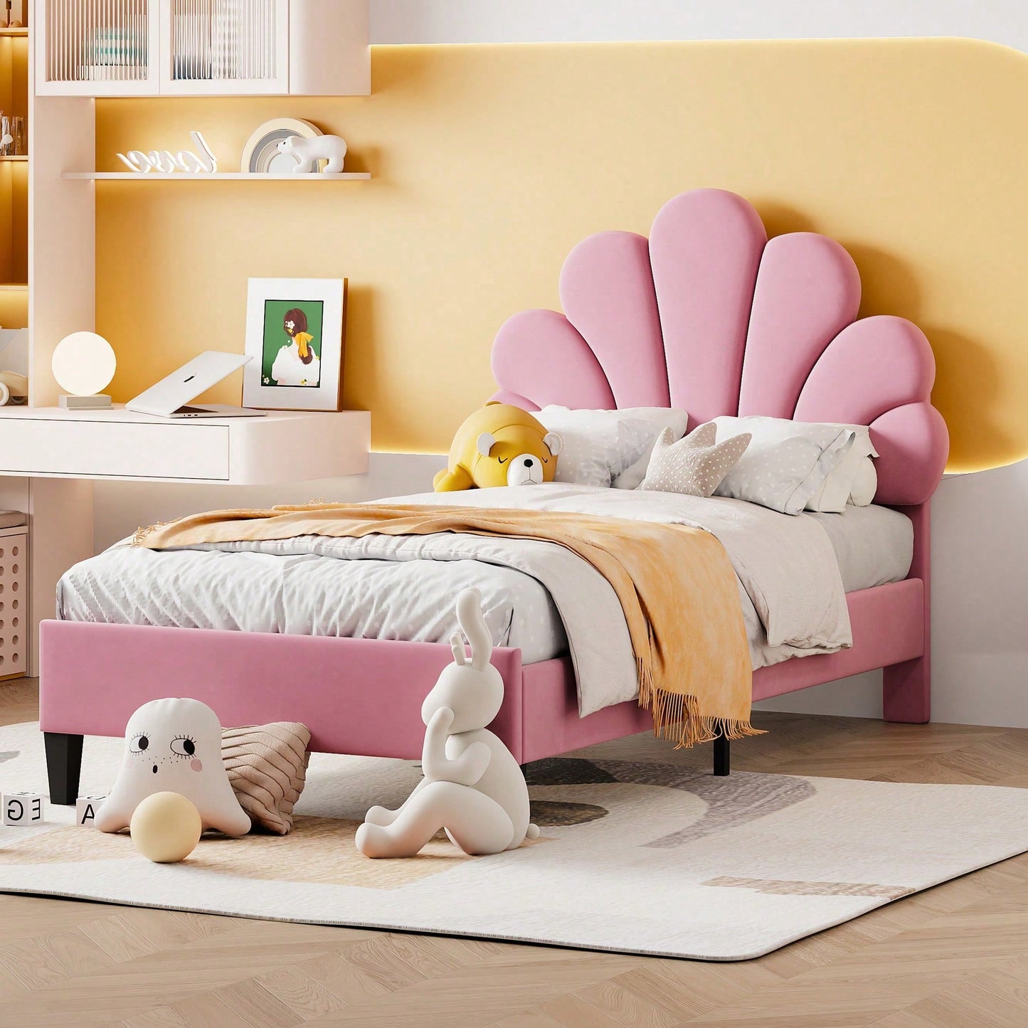 Polsterbett Kinderbett 90 x 200 cm, Bettgestell mit Kopfteil in Blumenform und Lattenrost, Teenie-Mädchenbett in hautfreundlichem Samtstoff, Gästebett (Farbe: Beige)