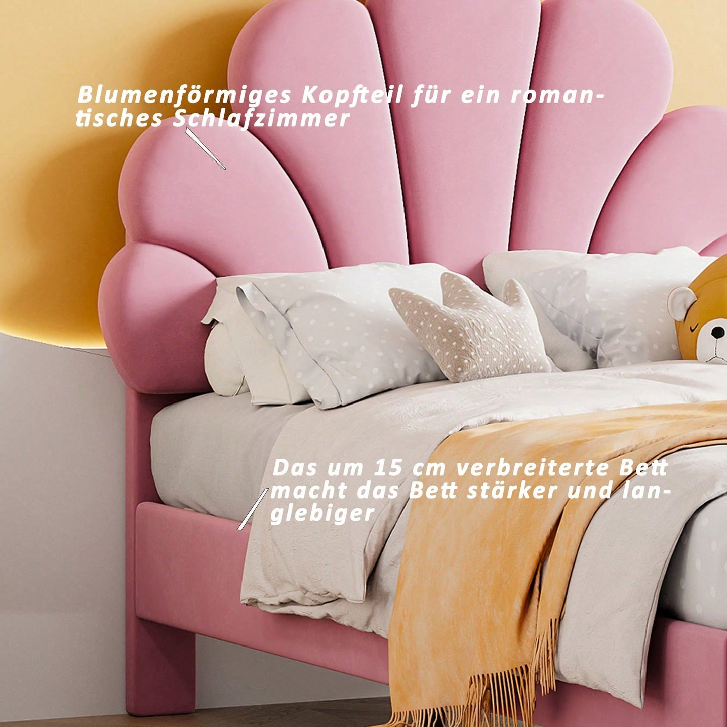 Polsterbett Kinderbett 90 x 200 cm, Bettgestell mit Kopfteil in Blumenform und Lattenrost, Teenie-Mädchenbett in hautfreundlichem Samtstoff, Gästebett (Farbe: Beige)
