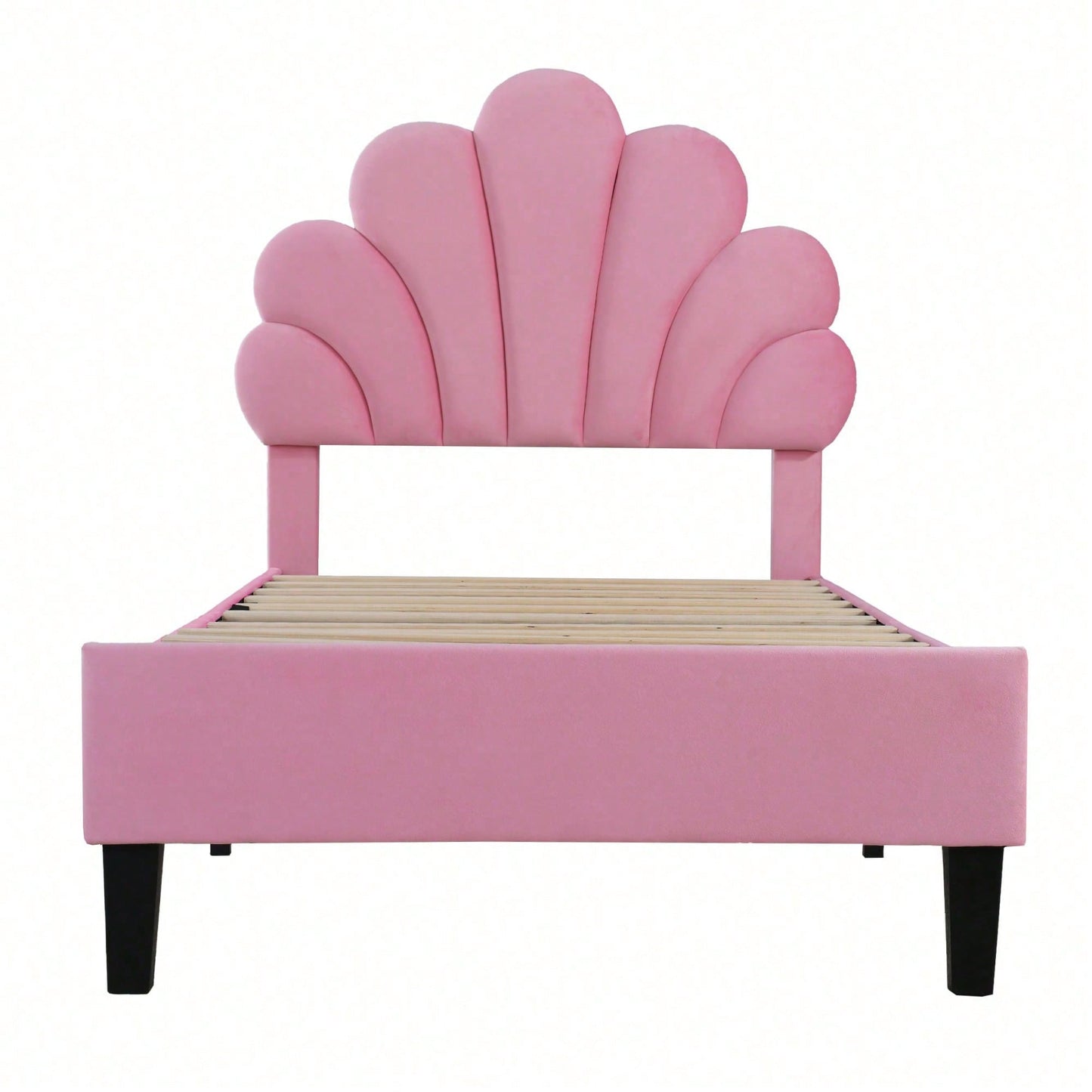 Polsterbett Kinderbett 90 x 200 cm, Bettgestell mit Kopfteil in Blumenform und Lattenrost, Teenie-Mädchenbett in hautfreundlichem Samtstoff, Gästebett (Farbe: Beige)