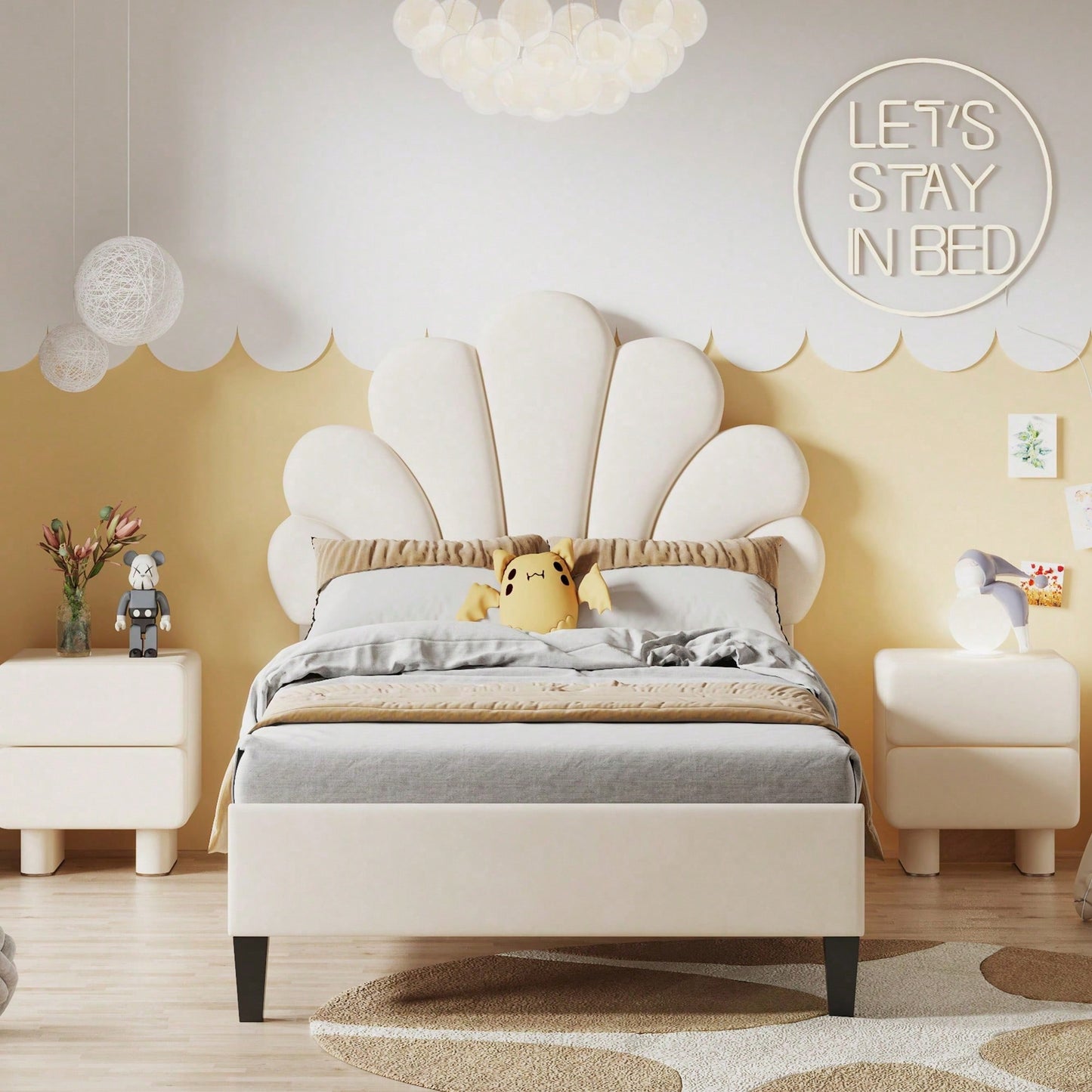 Polsterbett Kinderbett 90 x 200 cm, Bettgestell mit Kopfteil in Blumenform und Lattenrost, Teenie-Mädchenbett in hautfreundlichem Samtstoff, Gästebett (Farbe: Beige)