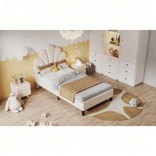 Polsterbett Kinderbett 90 x 200 cm, Bettgestell mit Kopfteil in Blumenform und Lattenrost, Teenie-Mädchenbett in hautfreundlichem Samtstoff, Gästebett (Farbe: Beige)