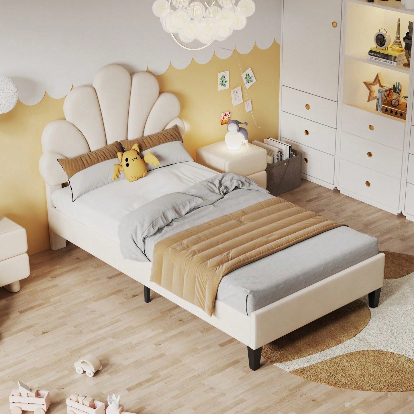 Polsterbett Kinderbett 90 x 200 cm, Bettgestell mit Kopfteil in Blumenform und Lattenrost, Teenie-Mädchenbett in hautfreundlichem Samtstoff, Gästebett (Farbe: Beige)