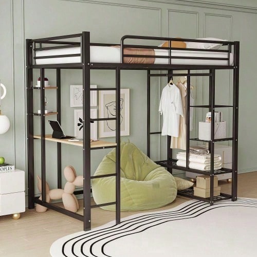 Hochbett mit Leiter 90*200cm , Einzelbett Kinderbett mit Tisch mit einfacher Aufhängung mit Ablagefächern, Weiß