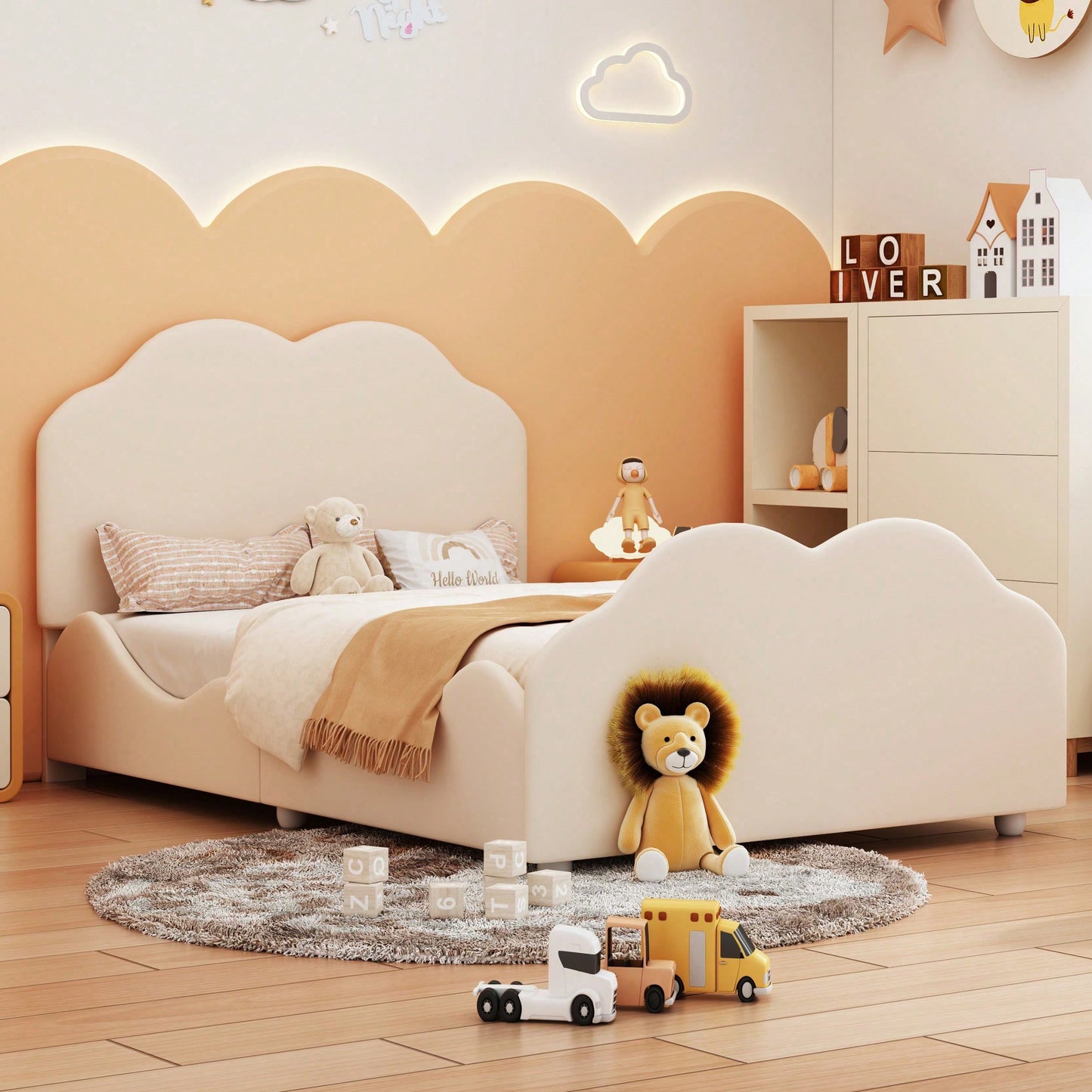 Polsterbett Kinderbett 90 x 200 cm hohes Geländer-Kinderbettgestell mit wolkenförmigem Kopf- und Fußteil. Einzelbett in hautfreundlichem Samt Beige