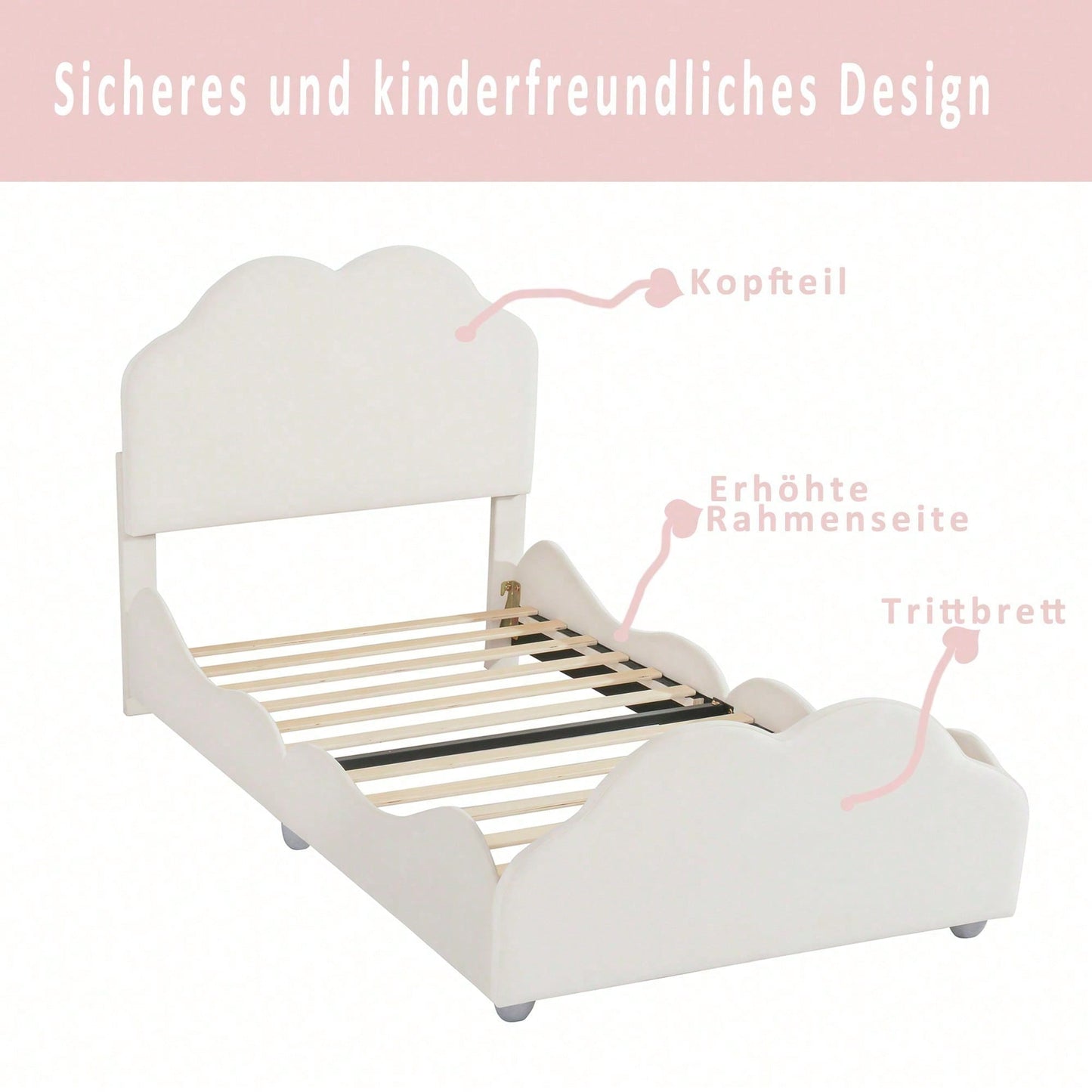 Polsterbett Kinderbett 90 x 200 cm hohes Geländer-Kinderbettgestell mit wolkenförmigem Kopf- und Fußteil. Einzelbett in hautfreundlichem Samt Beige
