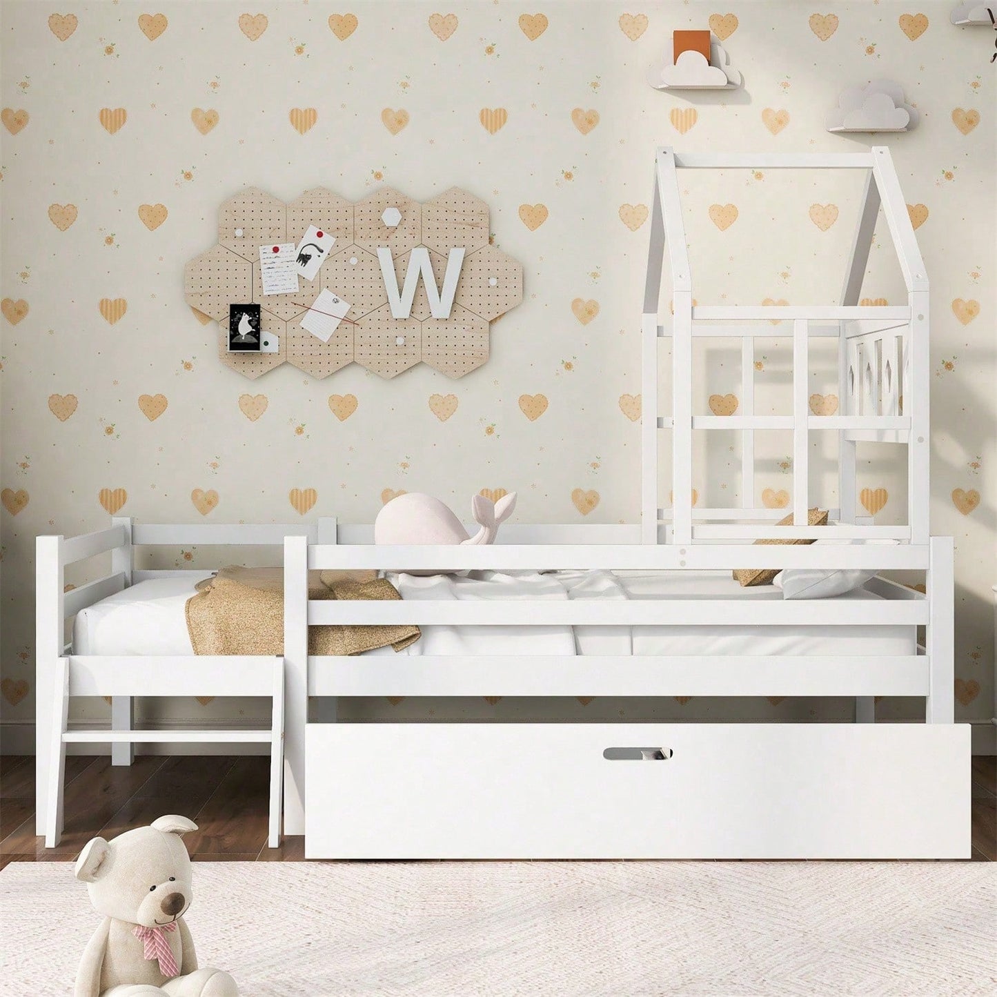 Hausbett Kinderbett mit Leiter und Schubladen, inkl. Lattenrost,Hochbett Massivholz mit Rausfallschutz 90x200cm Weiß