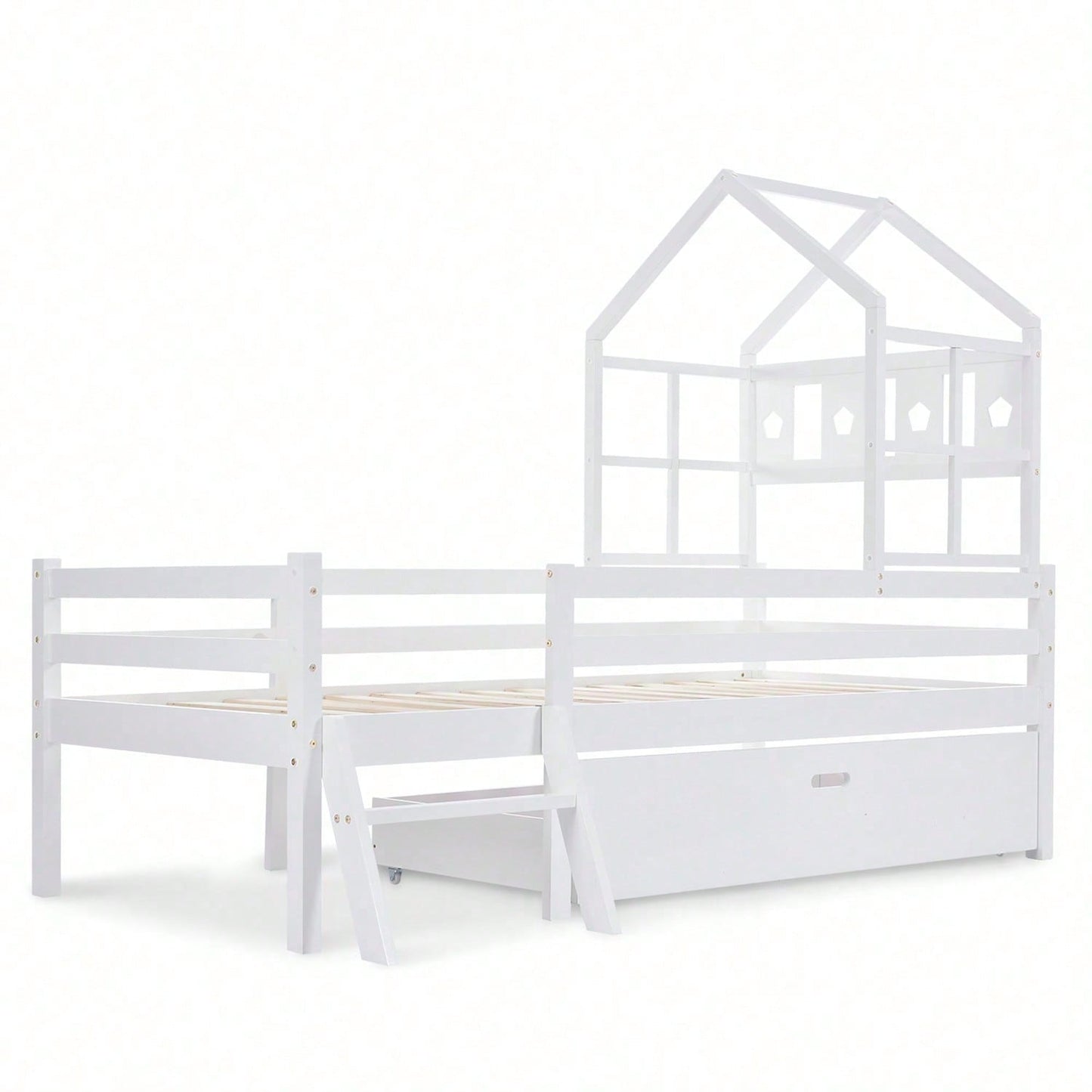 Hausbett Kinderbett mit Leiter und Schubladen, inkl. Lattenrost,Hochbett Massivholz mit Rausfallschutz 90x200cm Weiß