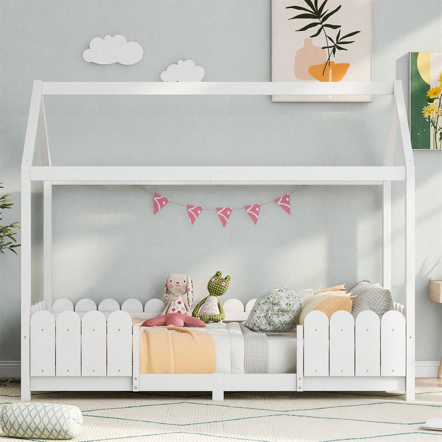 Hausbett 90x200 cm - vielseitiges Holz Kinderbett für Jungen & Mädchen - Mit Rausfallschutz und Lattenrost – Grau (Ohne Matratze)