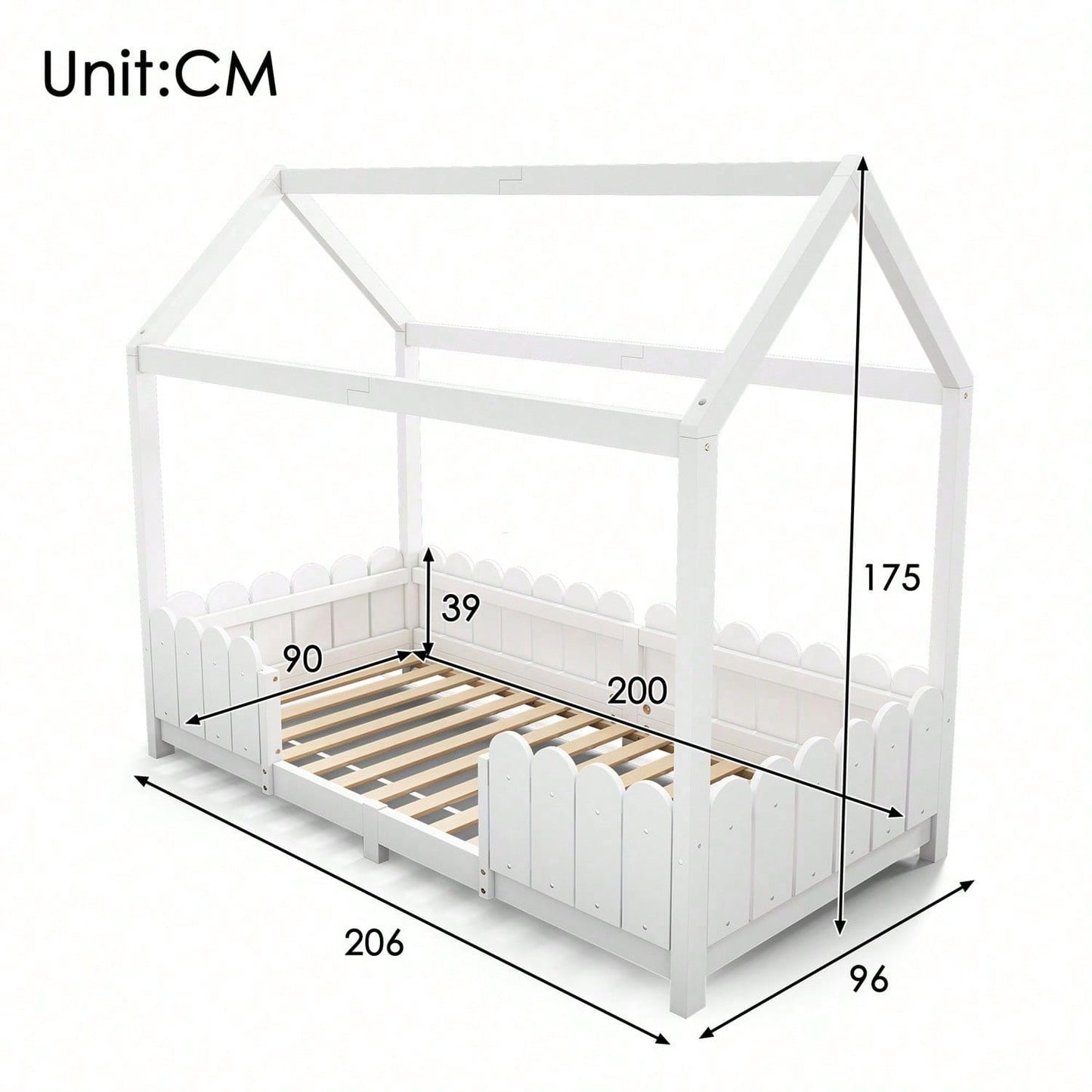 Hausbett 90x200 cm - vielseitiges Holz Kinderbett für Jungen & Mädchen - Mit Rausfallschutz und Lattenrost – Grau (Ohne Matratze)