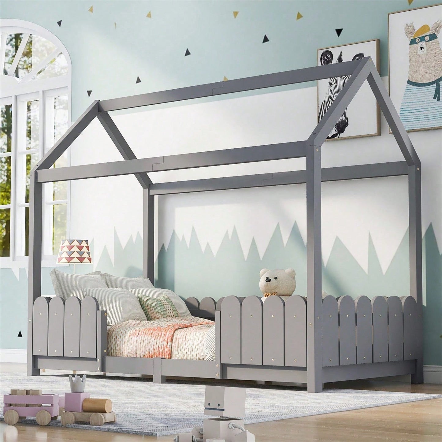 Hausbett 90x200 cm - vielseitiges Holz Kinderbett für Jungen & Mädchen - Mit Rausfallschutz und Lattenrost – Grau (Ohne Matratze)