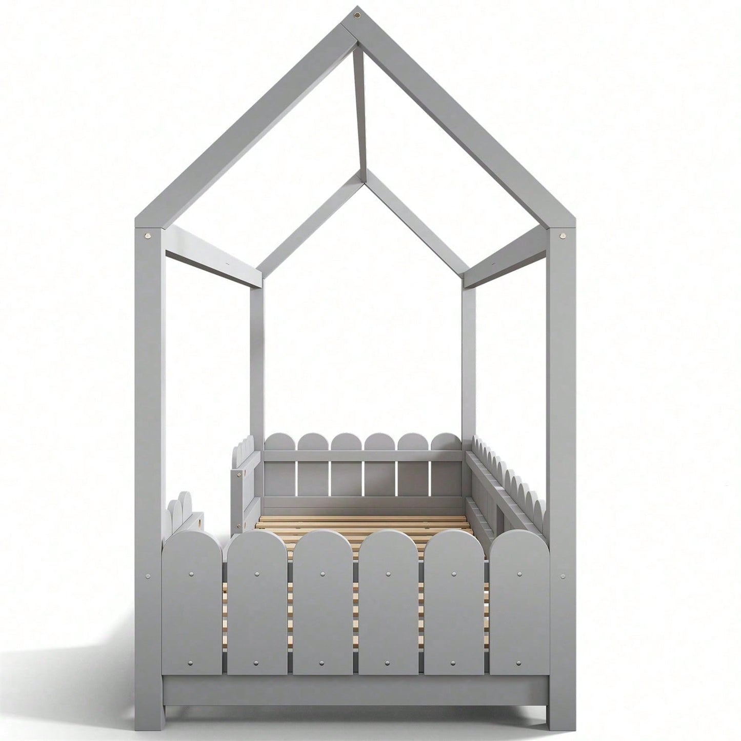 Hausbett 90x200 cm - vielseitiges Holz Kinderbett für Jungen & Mädchen - Mit Rausfallschutz und Lattenrost – Grau (Ohne Matratze)