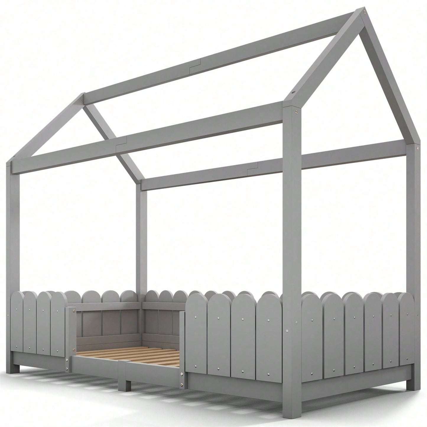 Hausbett 90x200 cm - vielseitiges Holz Kinderbett für Jungen & Mädchen - Mit Rausfallschutz und Lattenrost – Grau (Ohne Matratze)
