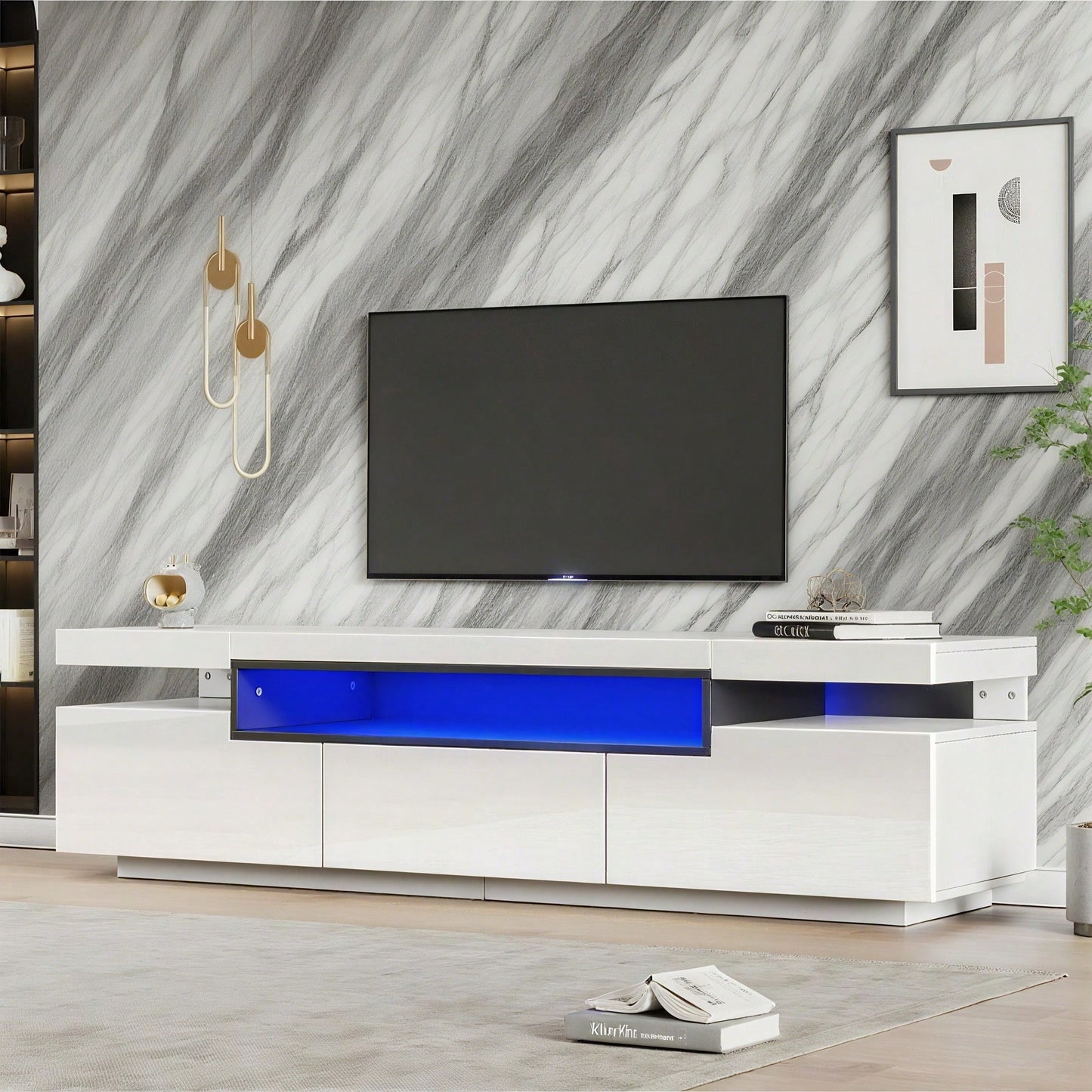 Eleganter Hochglanz-TV-Schrank 160x39x42cm – Weiß mit 16 Farben LED-Beleuchtung – Platz für 70 Zoll Fernseher – Inklusive 3 Schubladen,Hochglanz-TV-Ständer