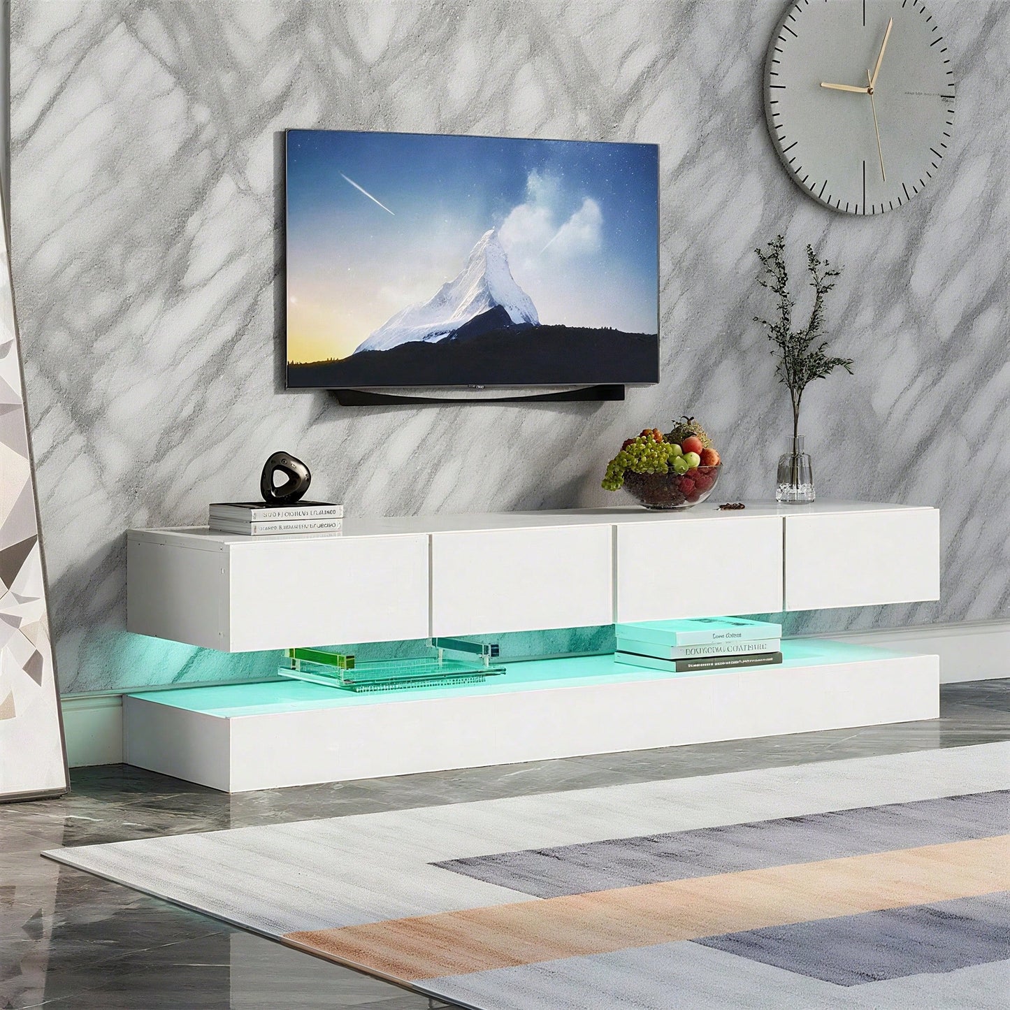 TV Lowboard,Wandmontierter TV-Schrank,TV-Ständer, TV-Möbel mit 2 Schränken und 4 großen Schubladen, 16-farbige Beleuchtung Wandschrank für bis zu 55 Zoll Fernseher Weiß 130*33*15cm