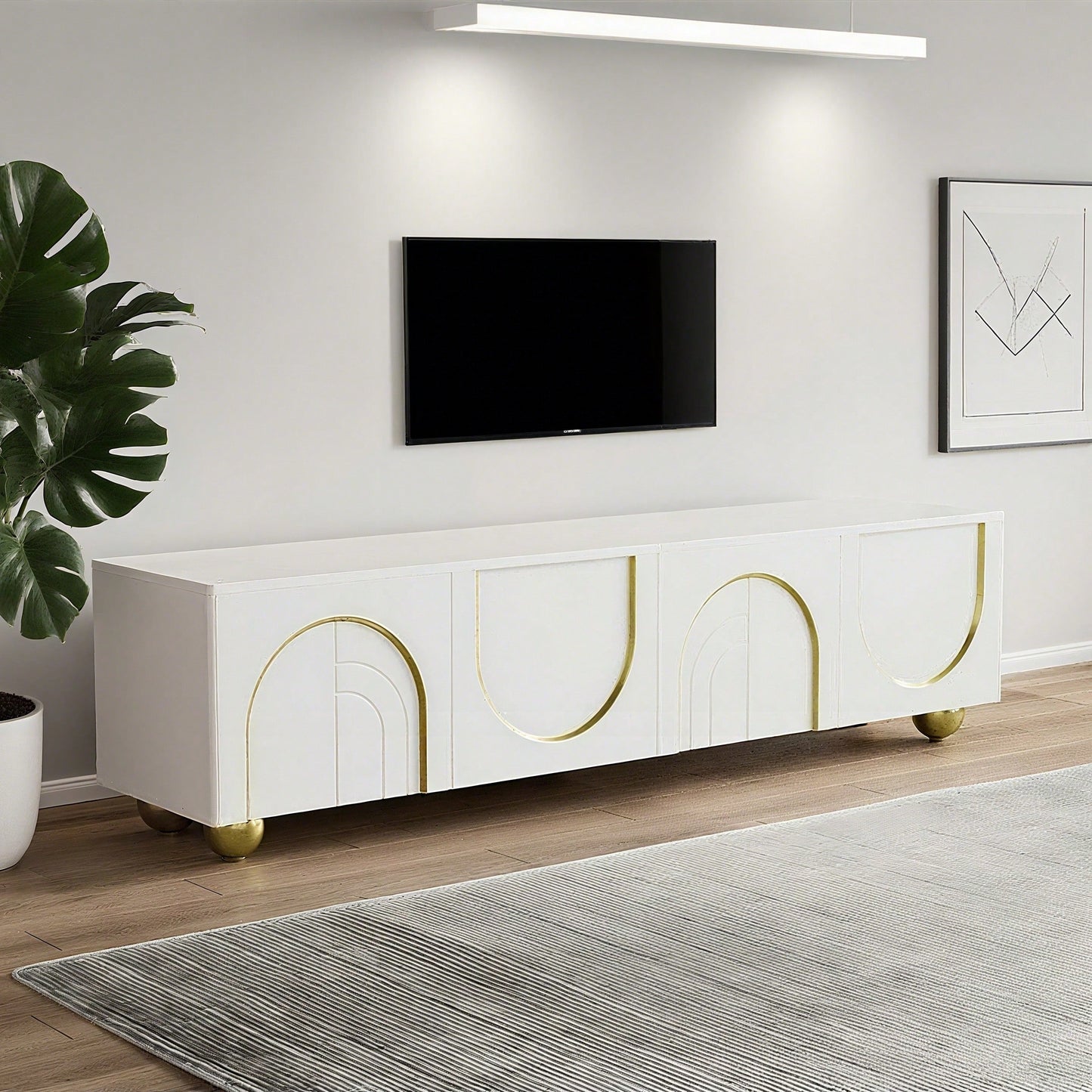 TV-Schrank, lowboard mit strukturierten Türen, goldenen Verzierungen, goldenen runden Beinen, inklusive Einlegeböden, push-to-open