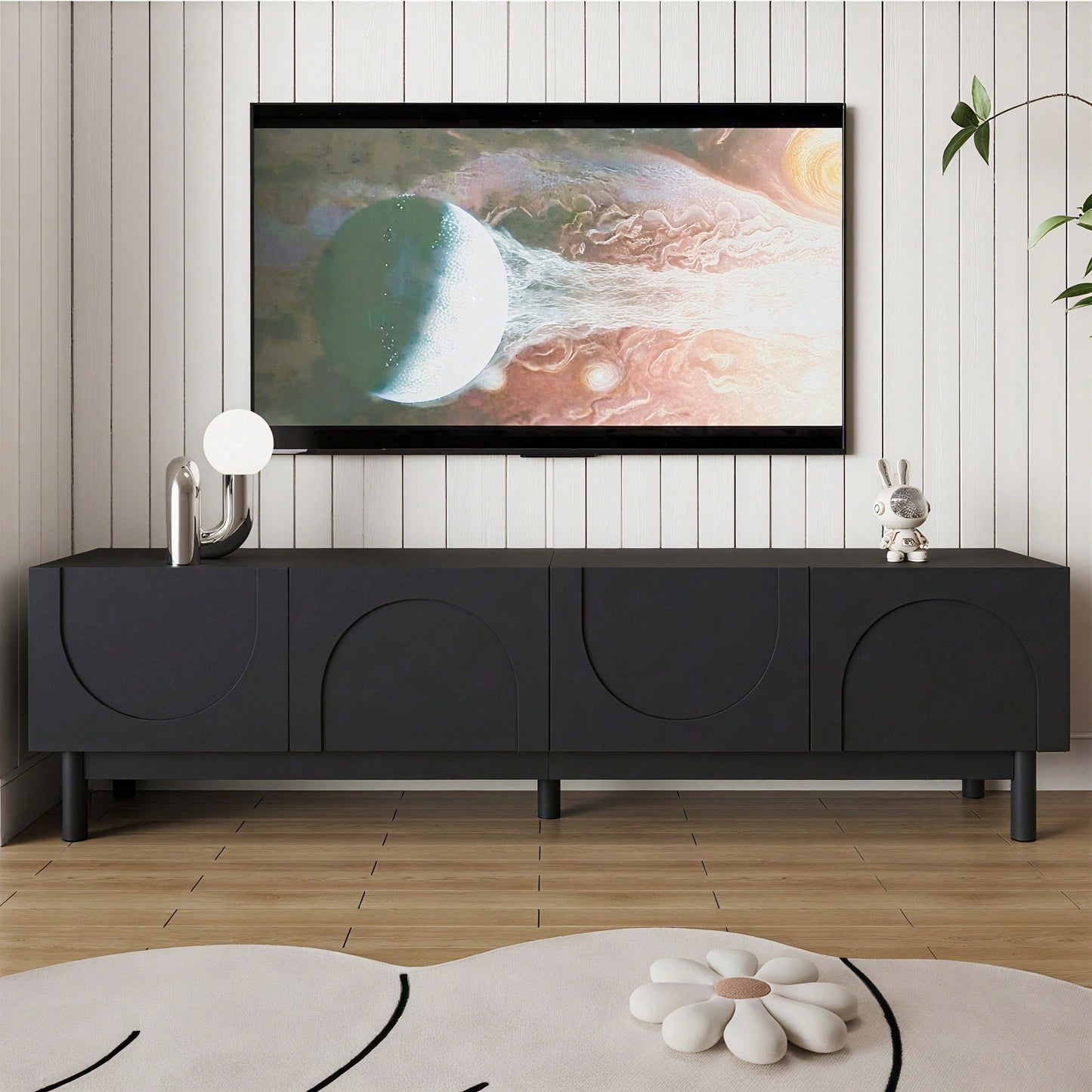 Lowboard mit gewölbten Wellentüren – TV-Schrank mit stabilen Beinen & praktischen Regalen – Elegantes Wohnzimmermöbel als TV-Ständer