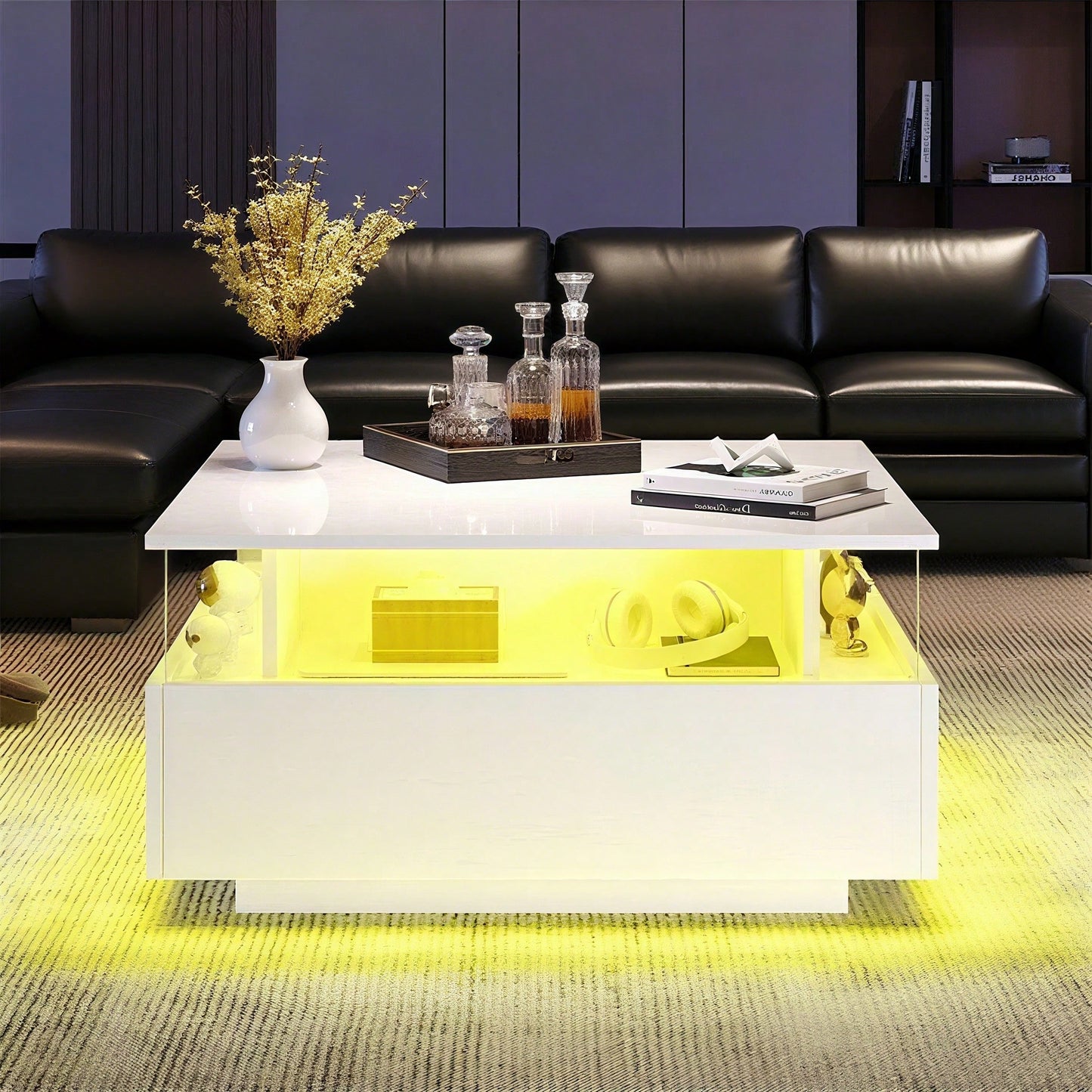 Modernes Hochglanz-LED-Couchtisch Kaffeetisch 70*70*41cm mit 2 Schubladen und transparentem Präsentationsbereich – Belastbar bis 30 kg, ideal für stilvolle Wohnzimmer