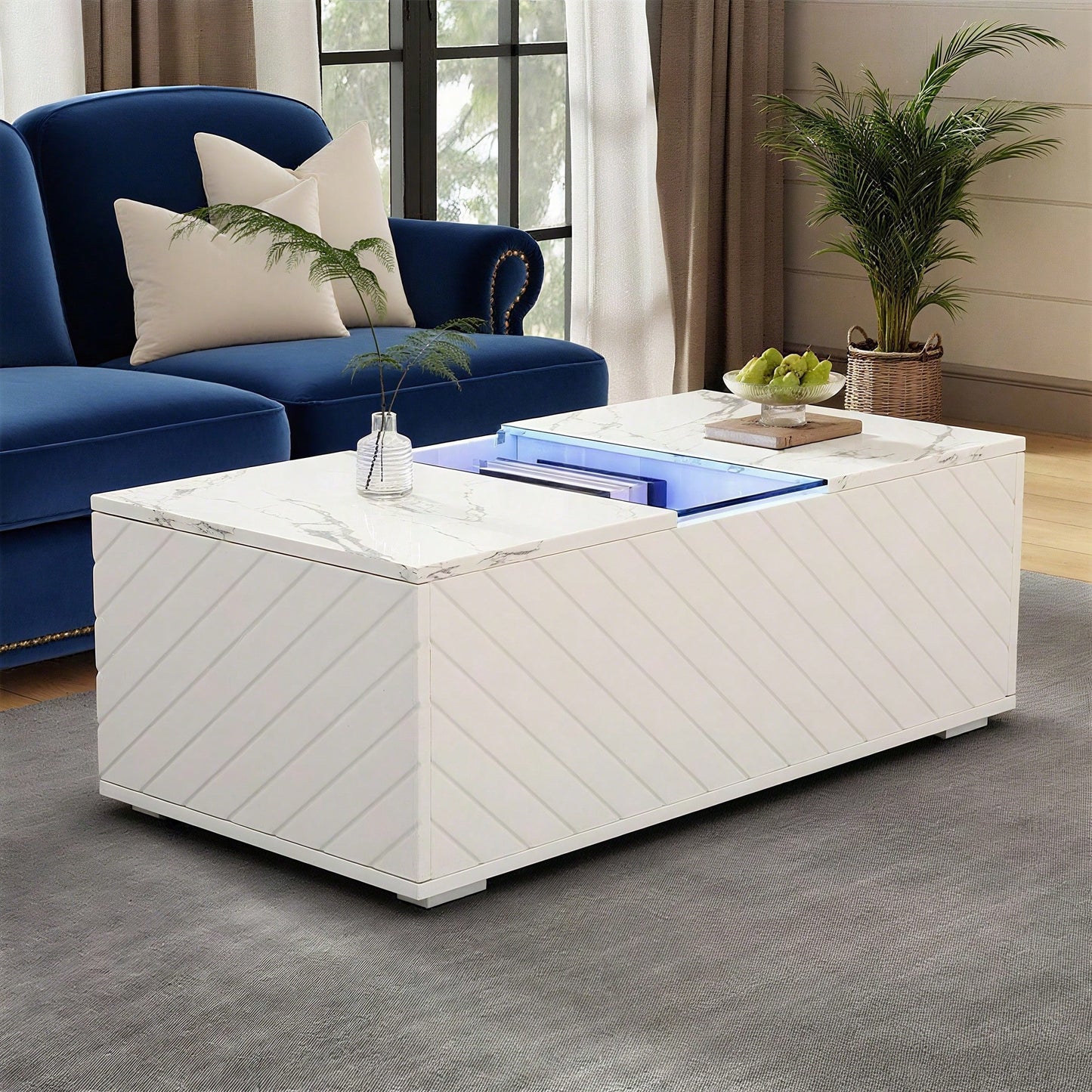 Weißer Couchtisch 100x50x35cm mit Marmoroptik, LED-Beleuchtung, Glas-Element und 2 Schubladen – Belastbar bis 20 kg, modernes Design