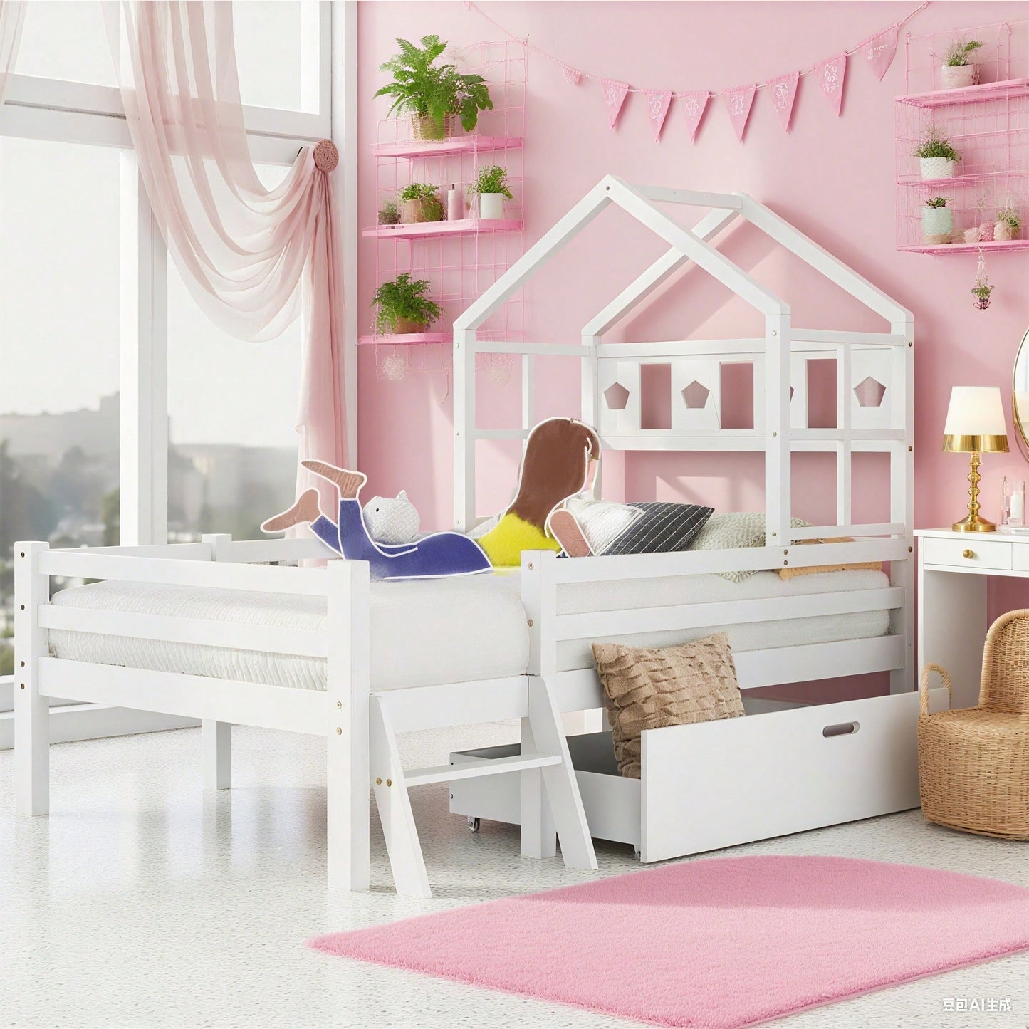 Hausbett Kinderbett mit Leiter und Schubladen, inkl. Lattenrost,Hochbett Massivholz mit Rausfallschutz 90x200cm Weiß