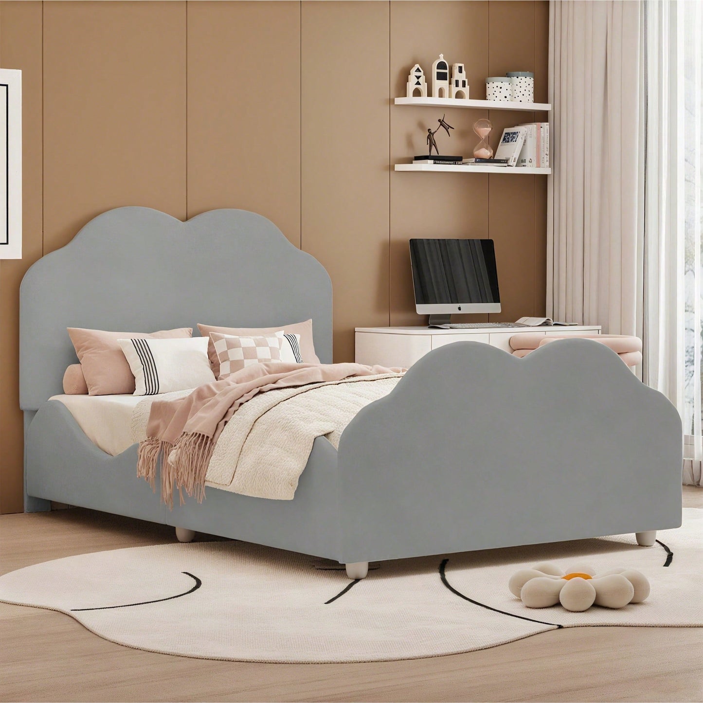 Polsterbett Kinderbett 90 x 200 cm hohes Geländer-Kinderbettgestell mit wolkenförmigem Kopf- und Fußteil. Einzelbett in hautfreundlichem Samt Rosa,ohne Matratze,