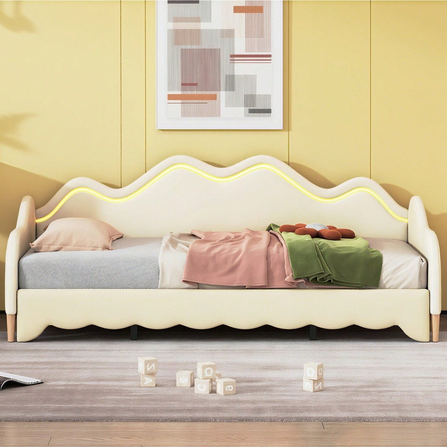 Polsterbett 90(180)*190cm, 2-in-1 Multifunktions-Schlafsofa, Kinderbett aus Kunstleder mit LED-Beleuchtung, mit Lattenrost, Grau
