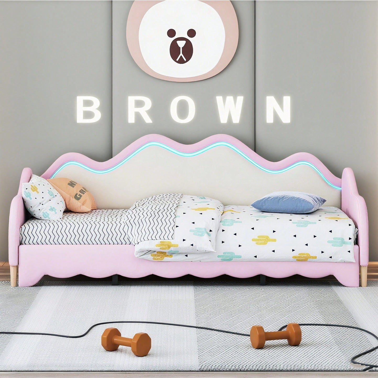 Polsterbett 90(180)*190cm, 2-in-1 Multifunktions-Schlafsofa, Kinderbett aus Kunstleder mit LED-Beleuchtung, mit Lattenrost, Grau